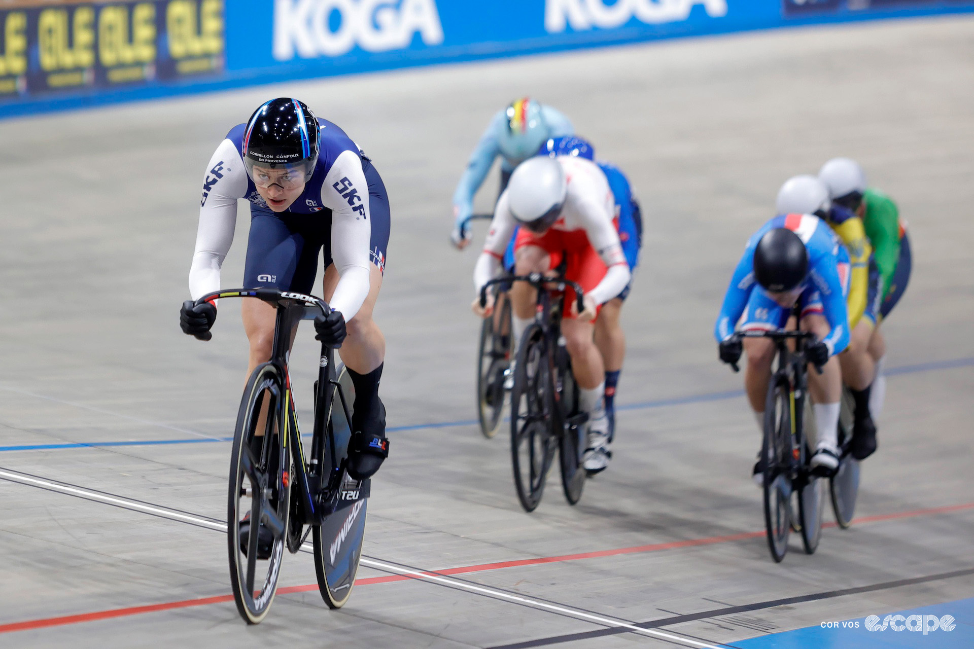 Mathilde Gros of France leads the women's Keirin field at the 2024 European Championships.