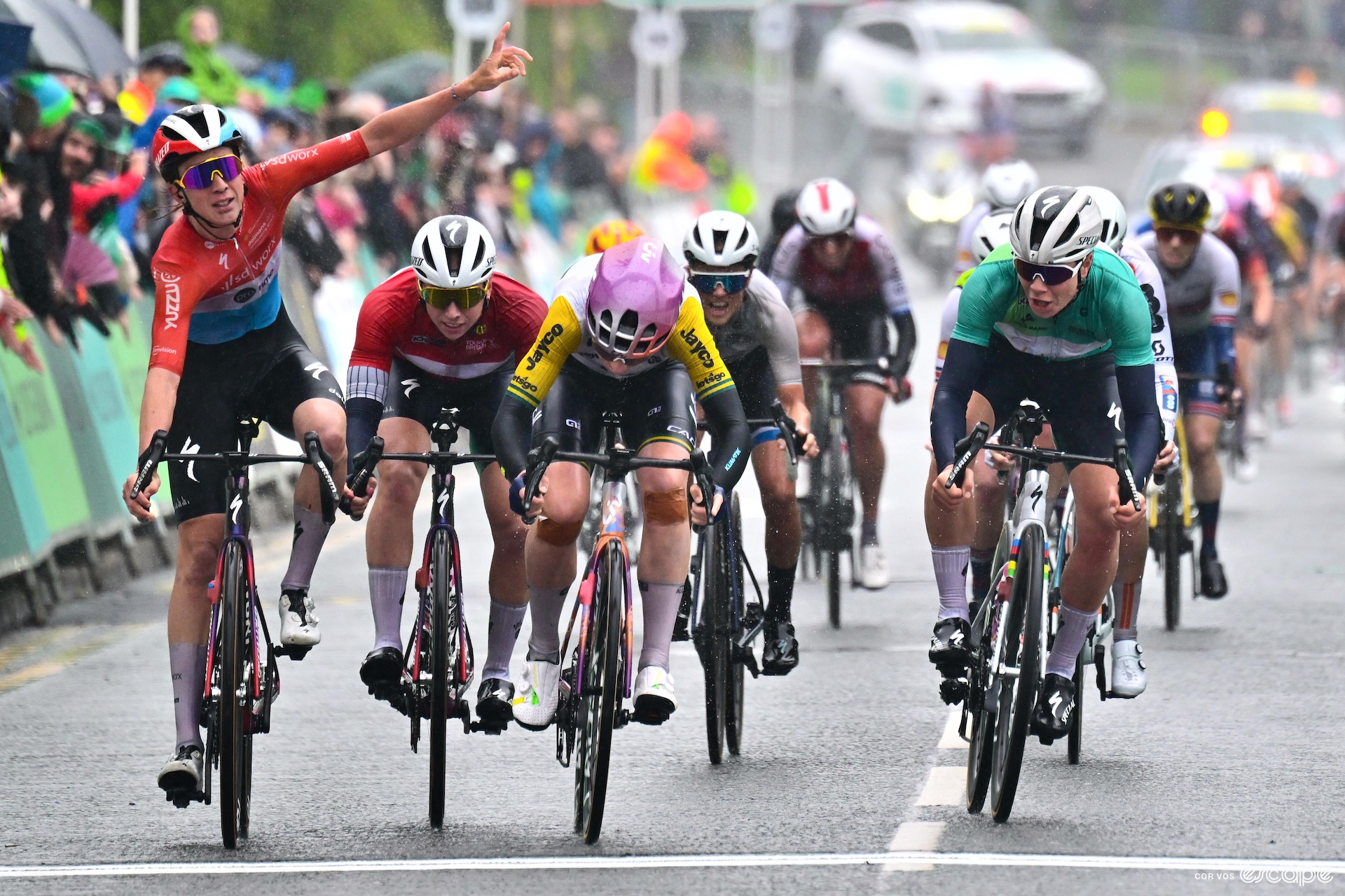 Ruby just rolls past three SD Worx-Protime riders to win a stage of the Tour of Britain