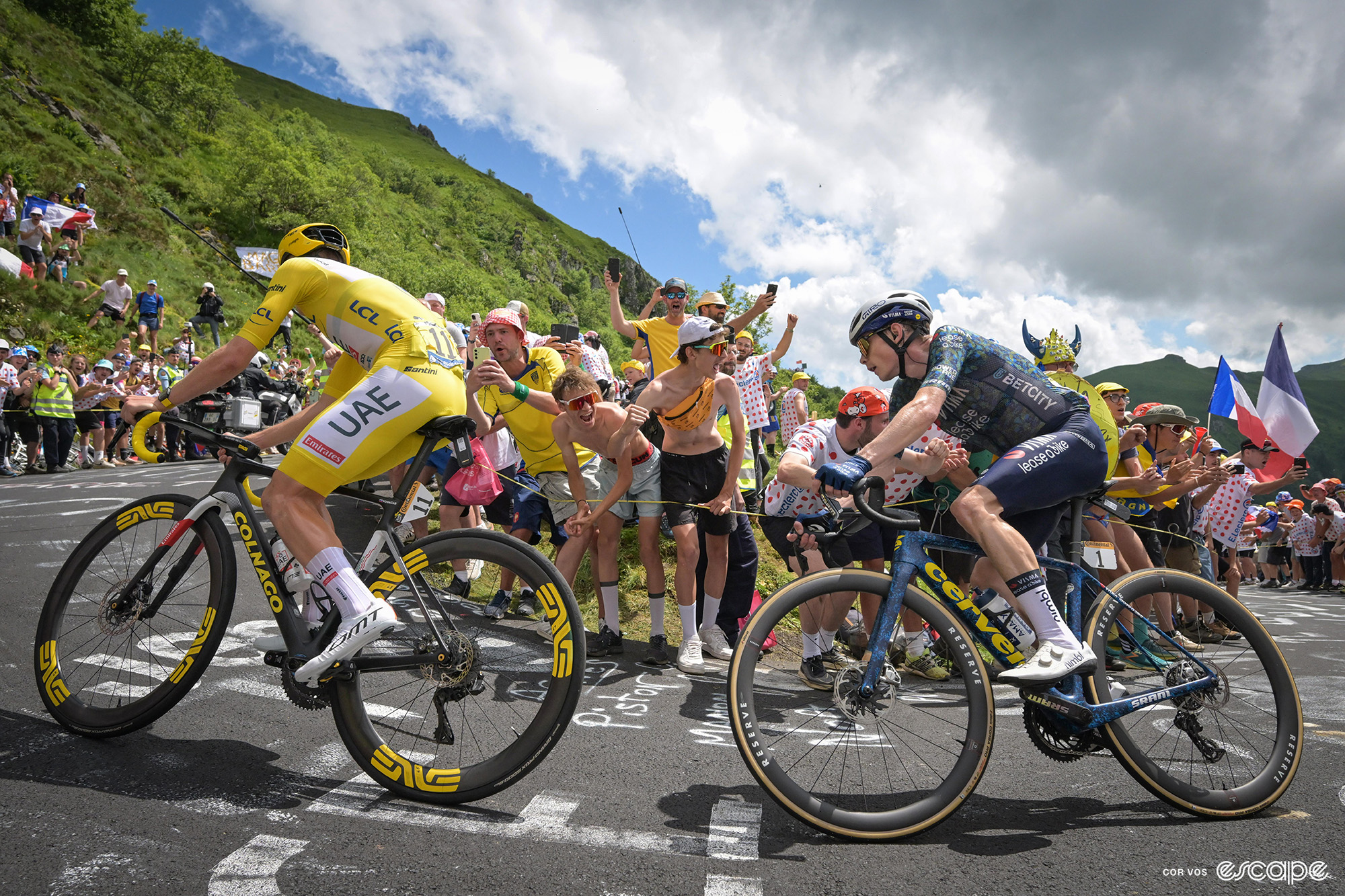 Tadej Pogačar and Jonas Vingegaard on stage 11 of the 2024 Tour de France.