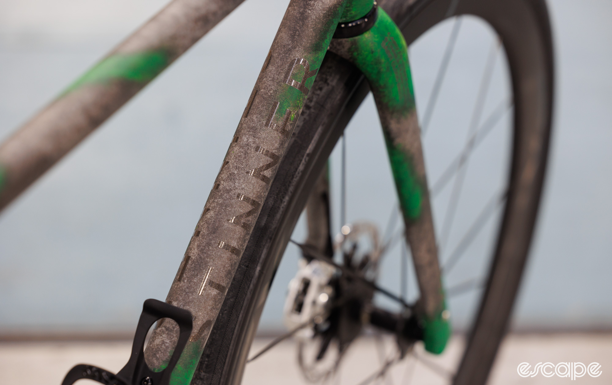 Detail of Stinner frame downtube with "stinner" written on it