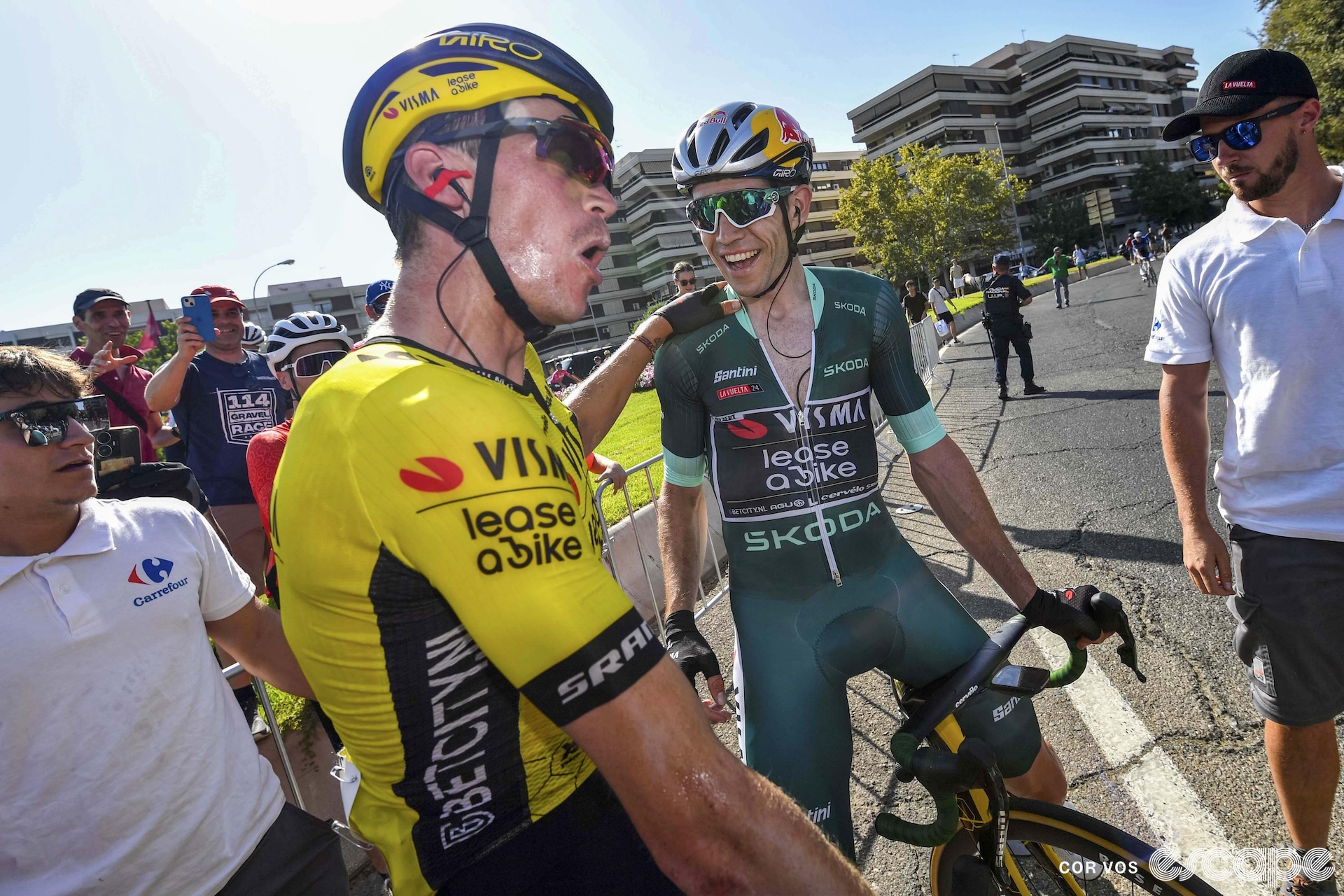 Sepp Kuss and Wout van Aert after stage 7 of the Vuelta a España.