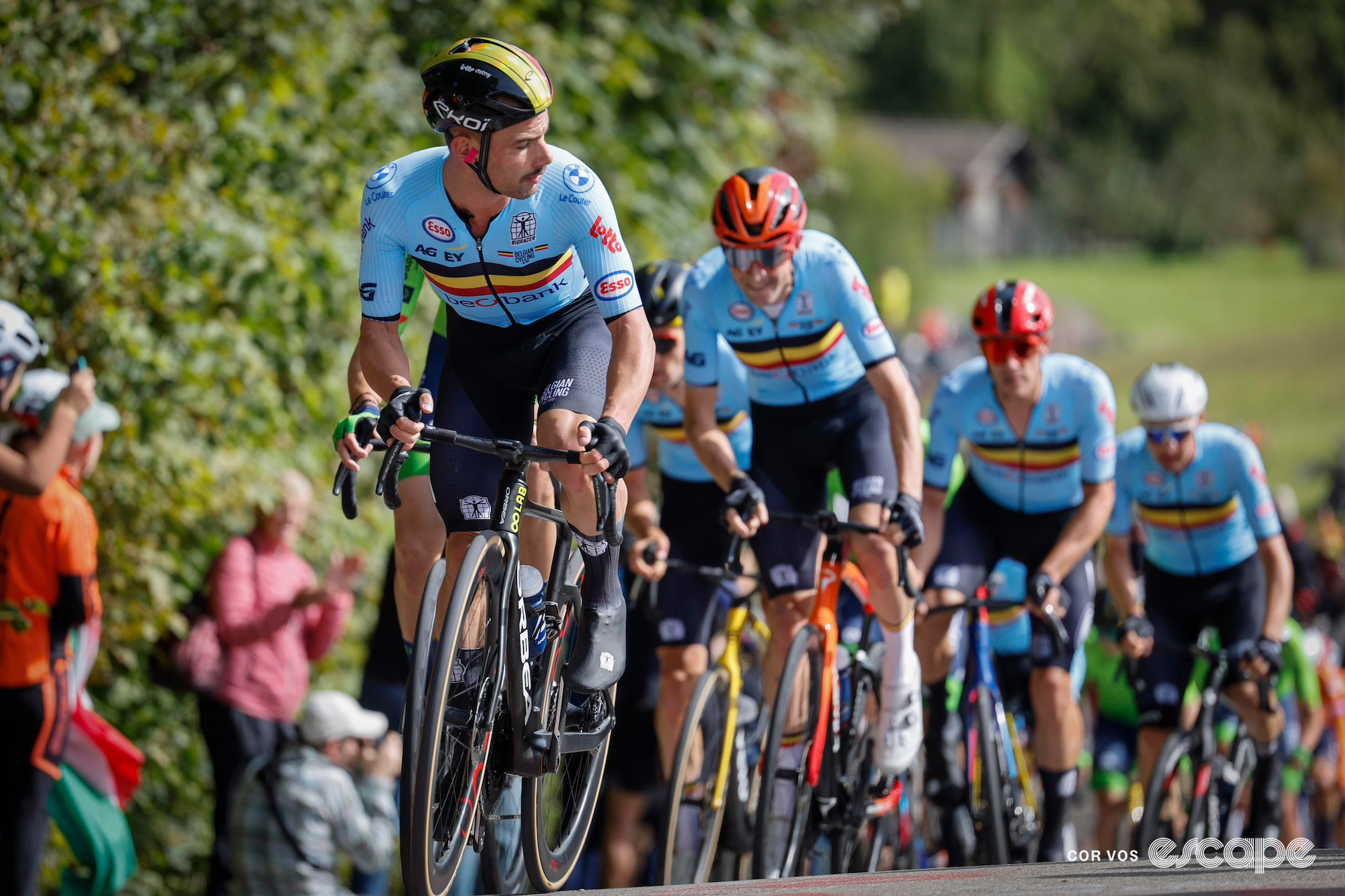 Victor Campenaerts leads the Belgian squad at the head of the peloton during the 2024 World Championships road race.