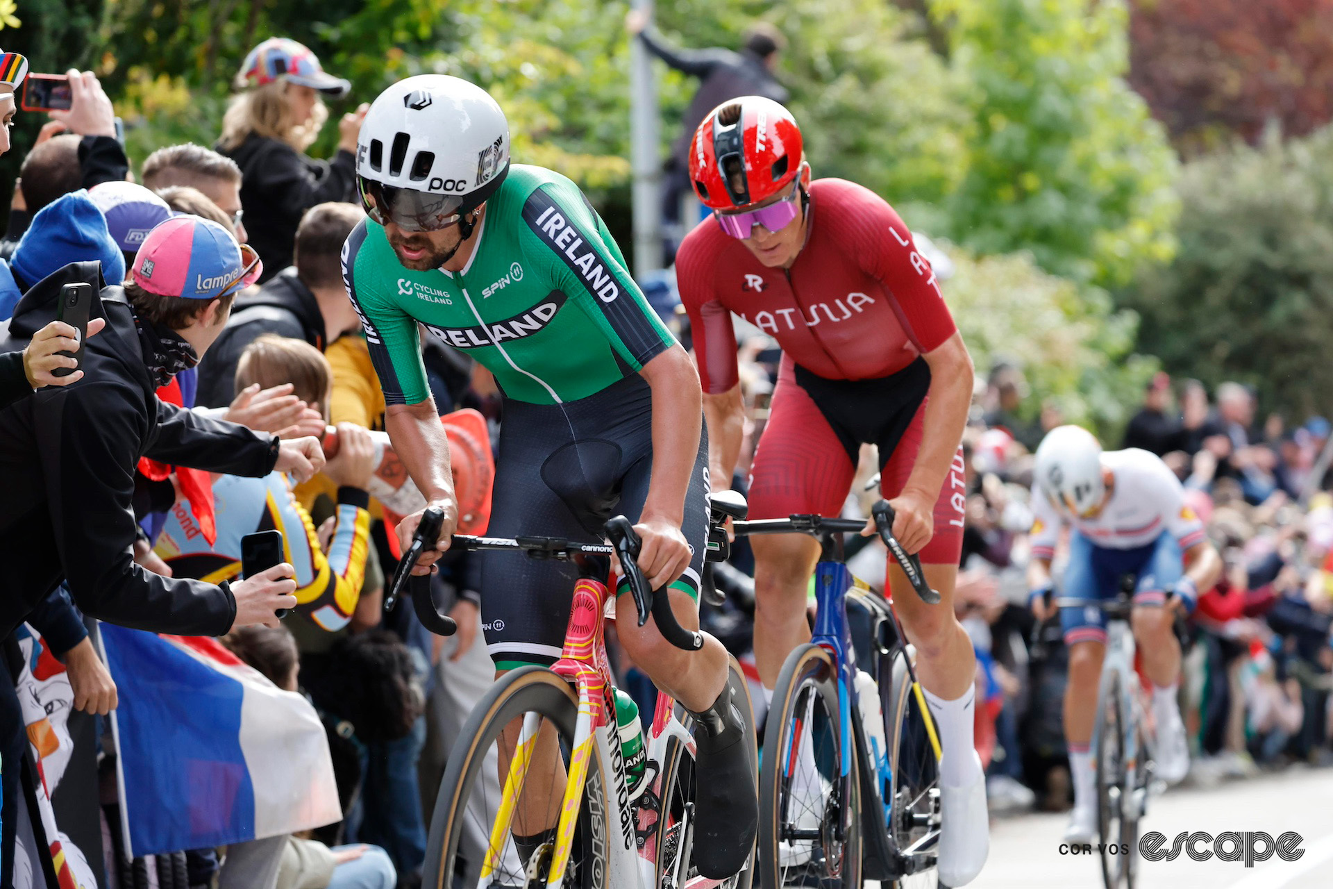 Ben Healy and Toms Skujiņš on the attack during the 2024 World Championship road race.