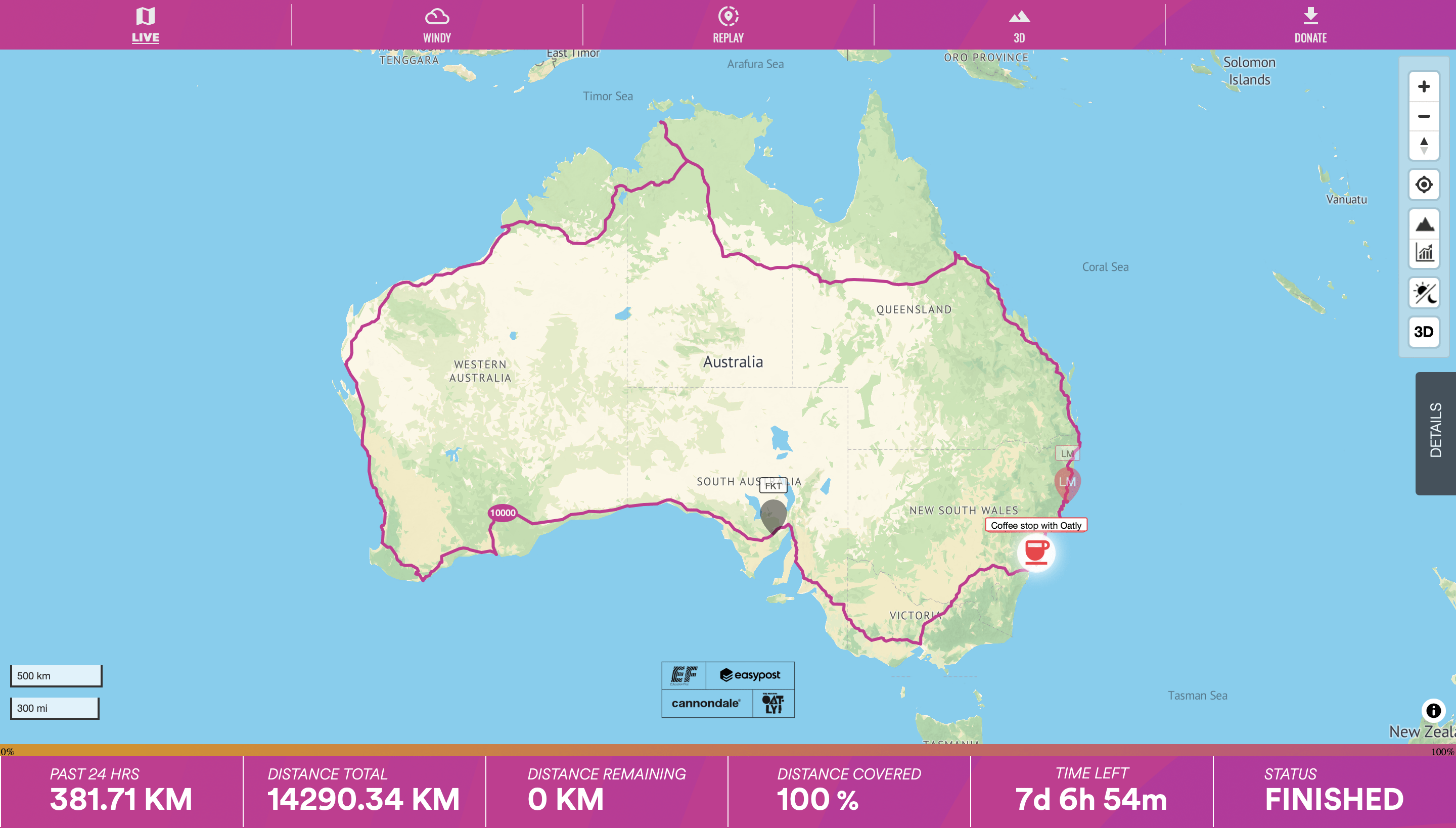 A screenshot of a map of australia, showing Lachlan Morton's route and data on completing a record-breaking route.