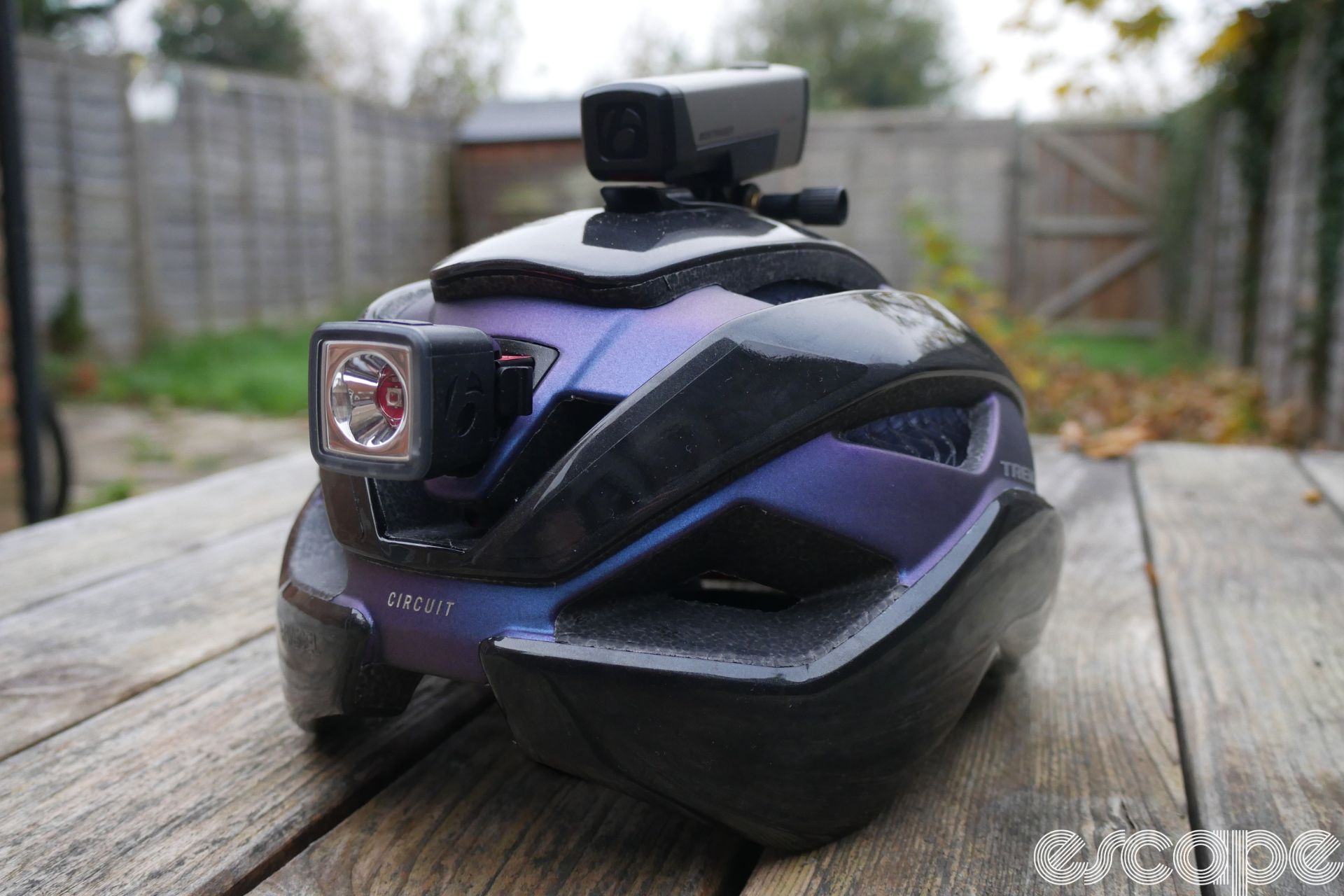 Rear of helmet with lights fitted