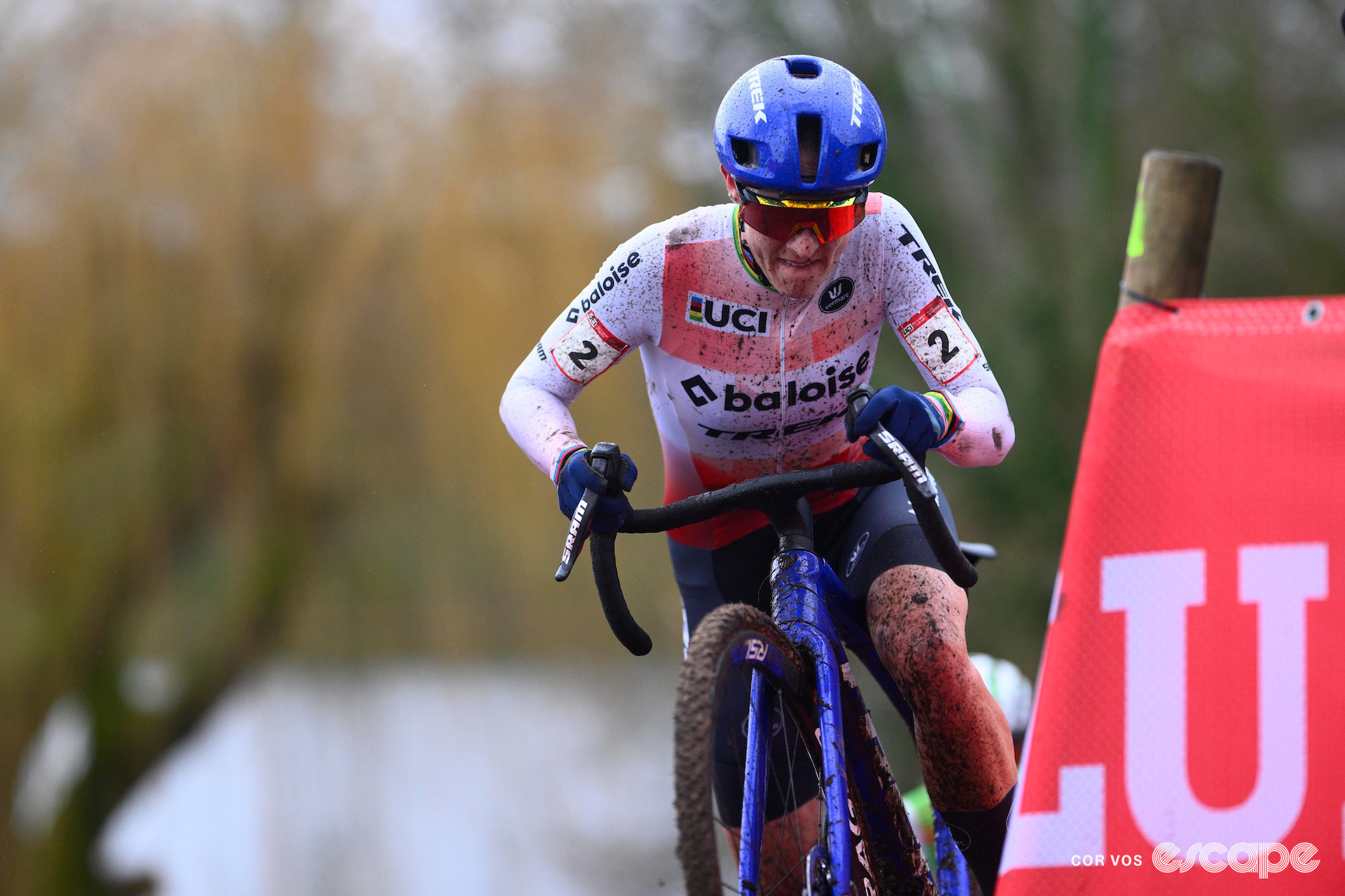 Elite women's World Cup leader Lucinda Brand is forced to put a foot down on a ramp during cyclocross World Cup Hulst.