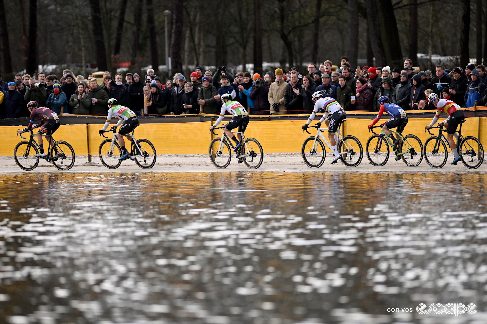 The elite men's lead group during cyclocross event Superprestige Mol.