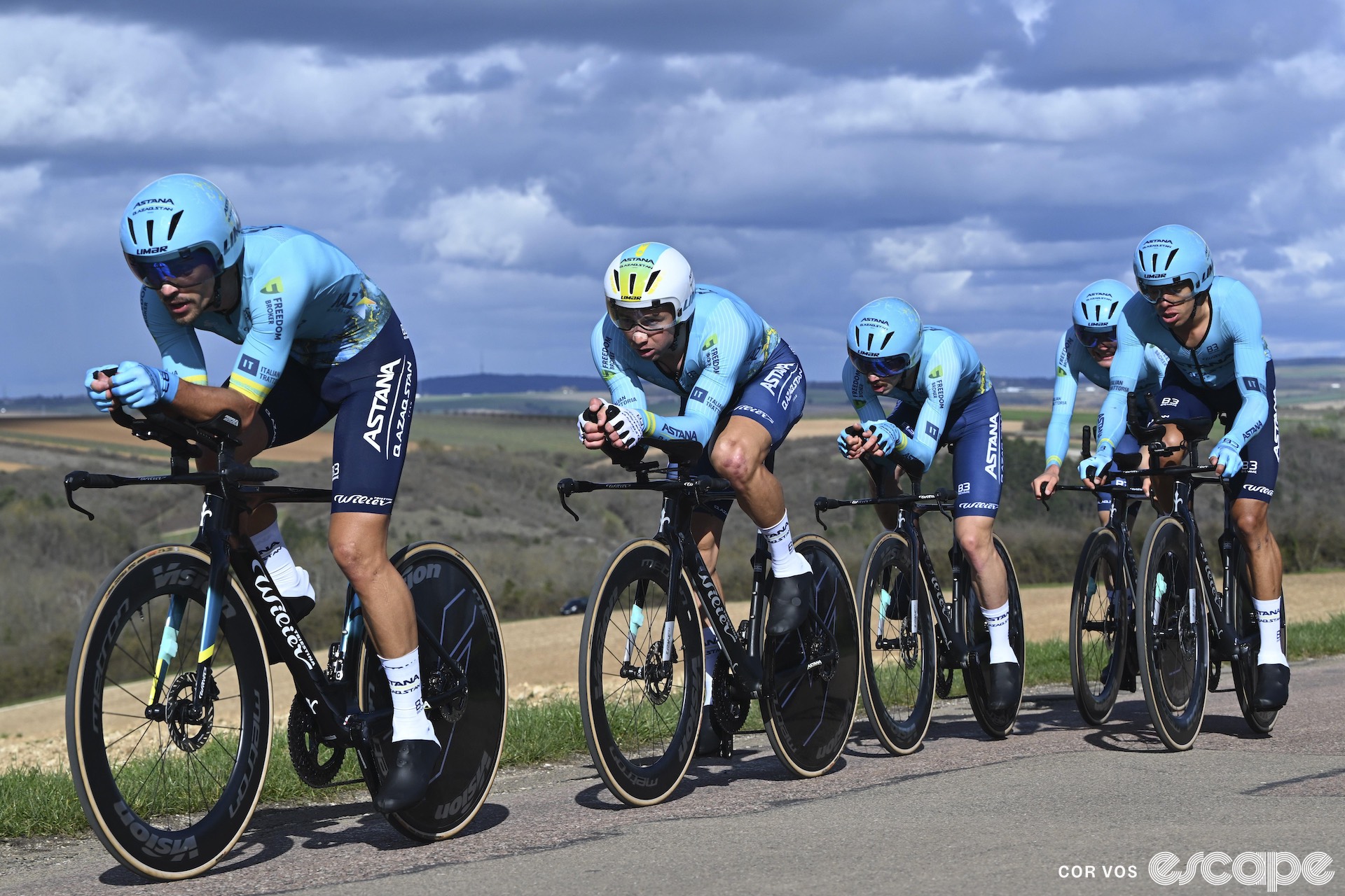 Astana Qazaqstan in team time trial mode.