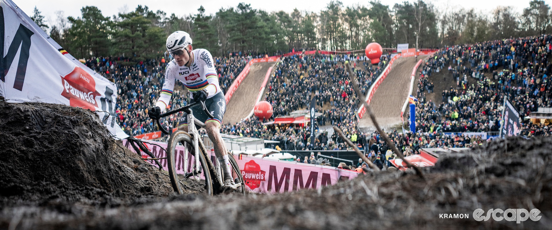 Mathieu van der Poel during cyclocross World Cup Zonhoven against a backdrop of the course's iconic arena-like basin.