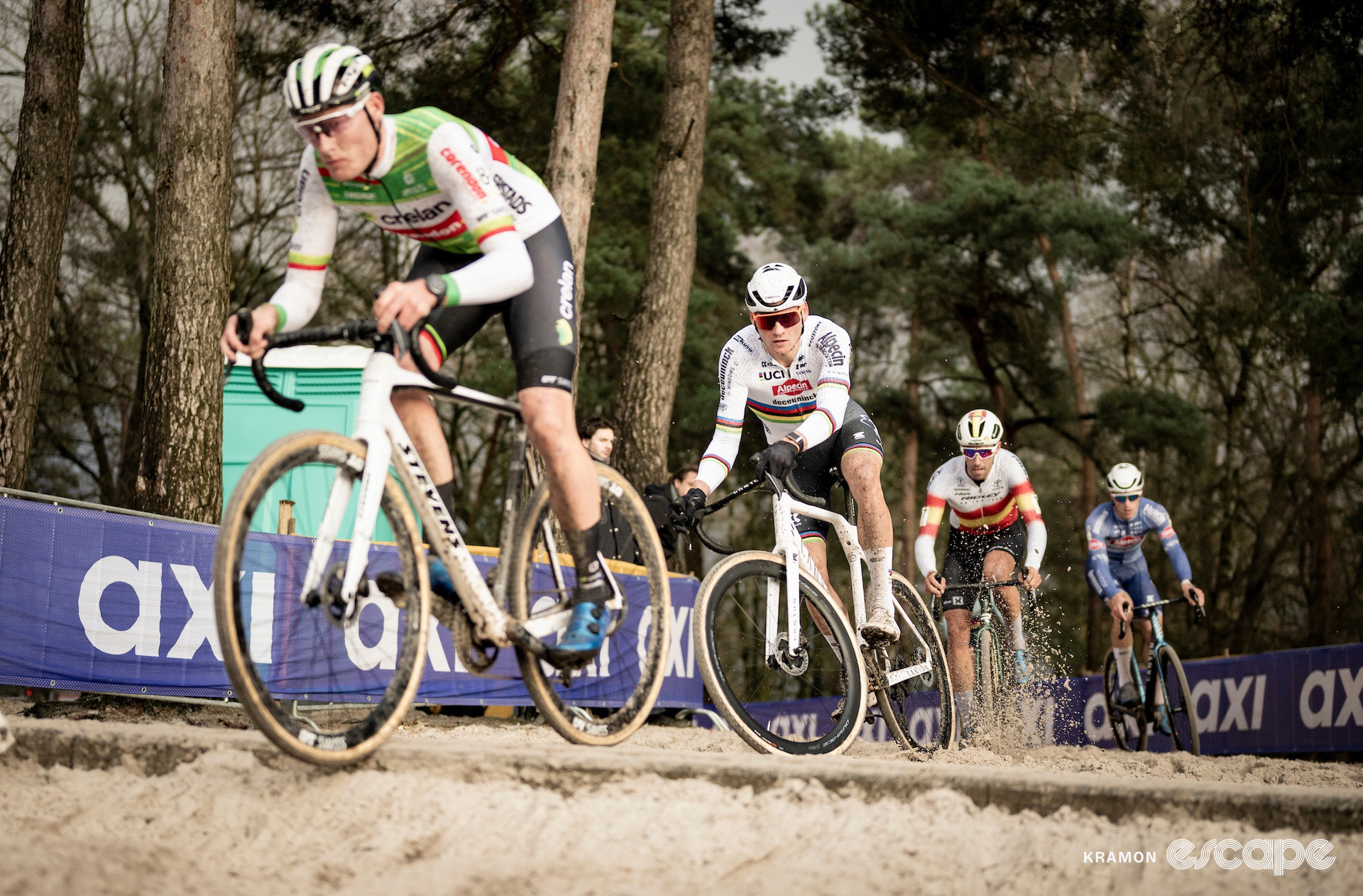 The elite men's lead group, led by Joran Wyseure and world champion Mathieu van der Poel, during cyclocross event Superprestige Mol.