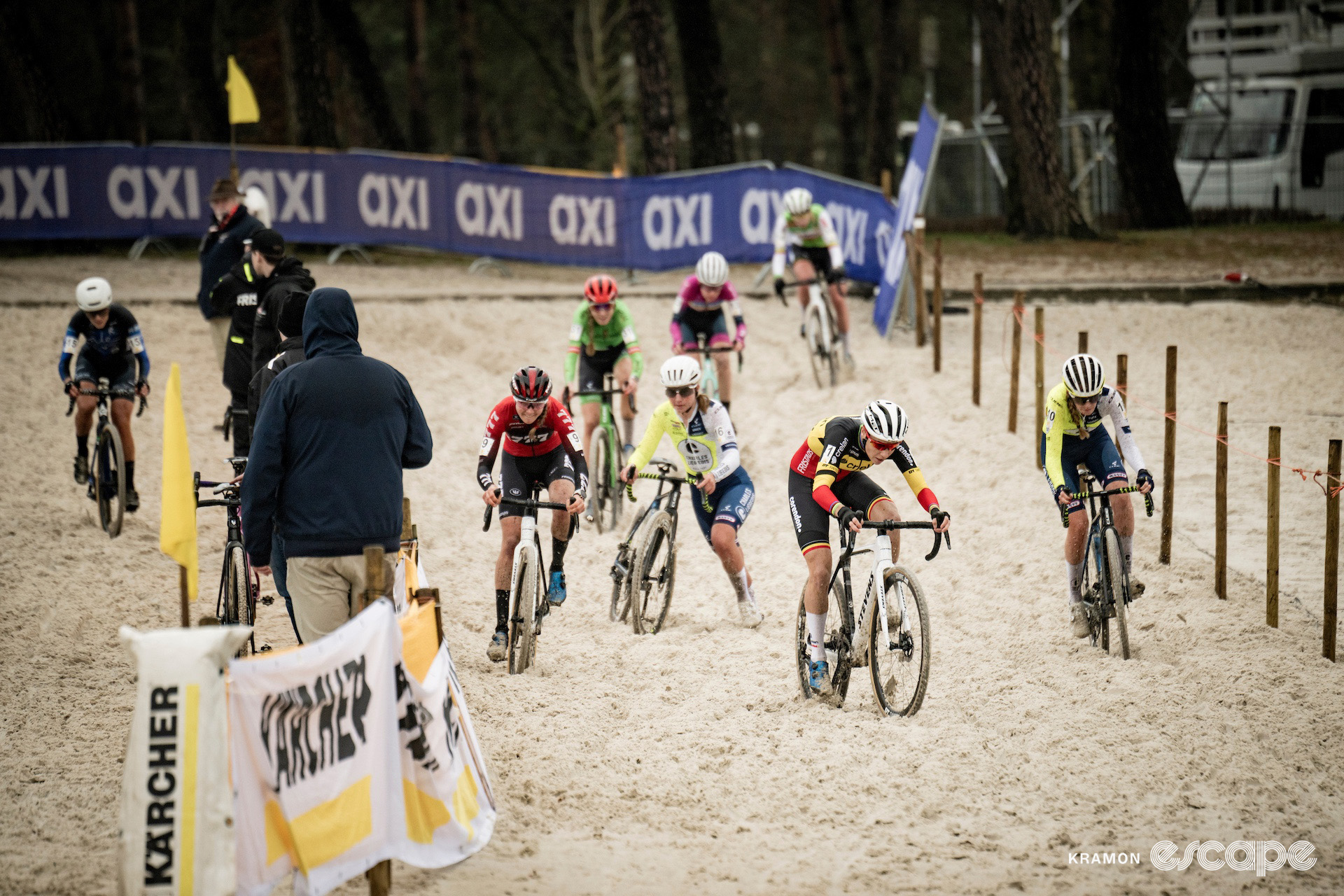 The elite women's chase group during cyclocross event Superprestige Mol.