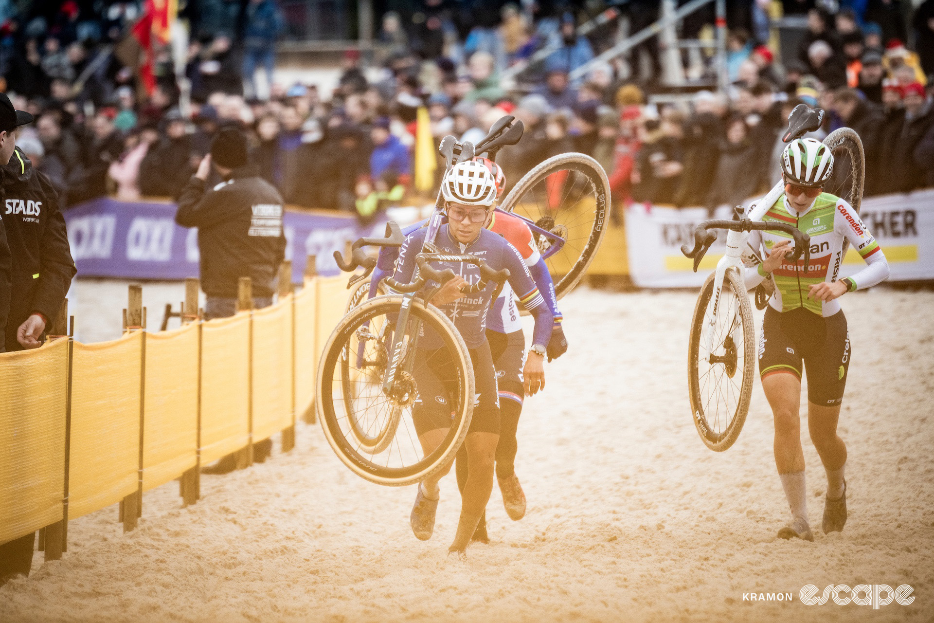 Elite women's lead group Ceylin del Carmen Alvarado, Lucinda Brand and Inge van der Heijden during cyclocross event Superprestige Mol.