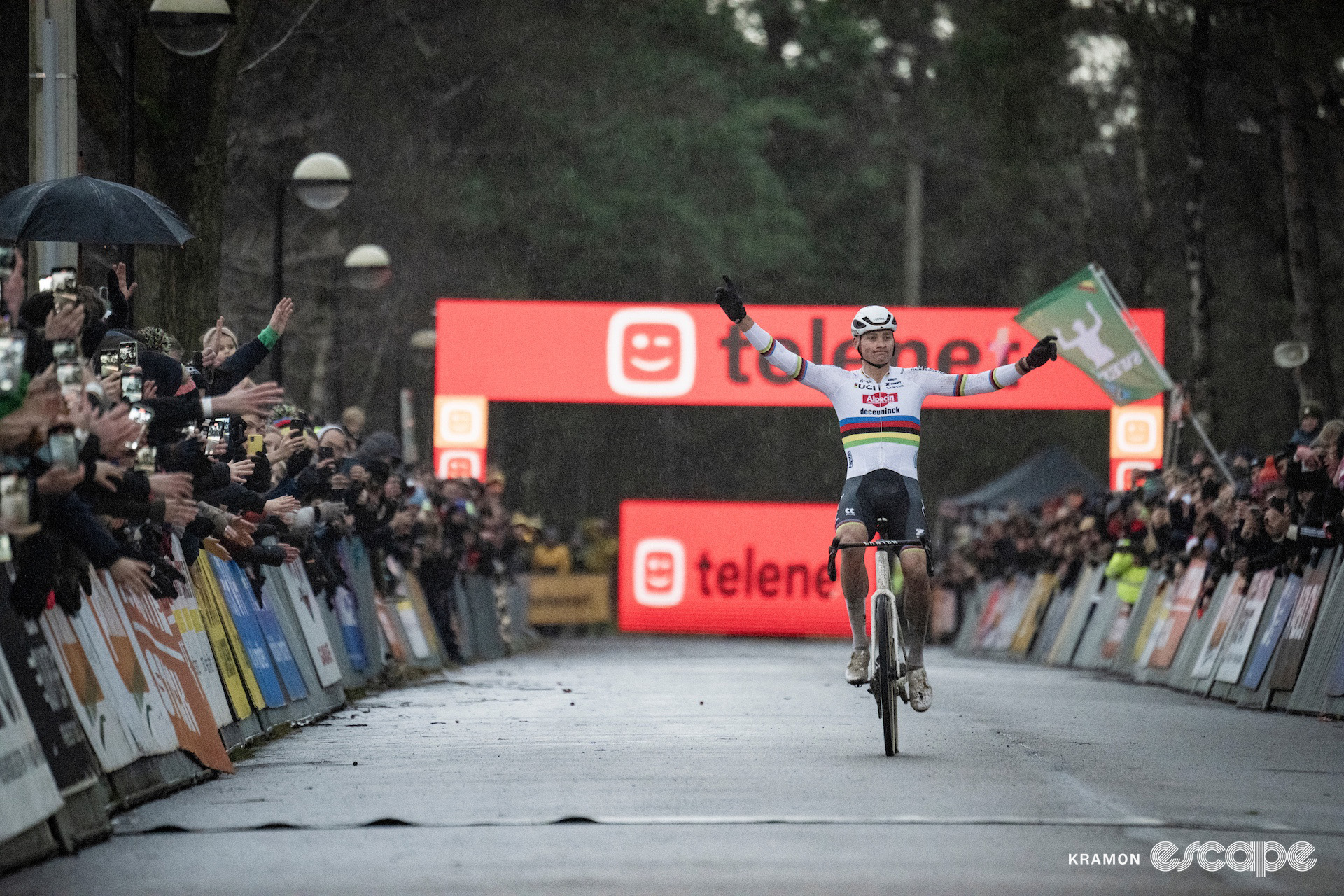 World champion Mathieu van der Poel celebrates victory at cyclocross event Superprestige Mol.