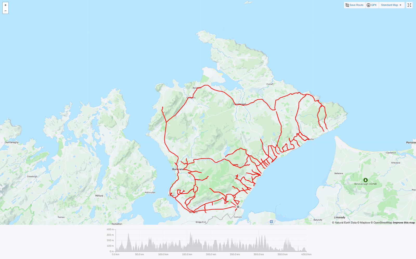 The image shows the Everesting Roam 10K route map