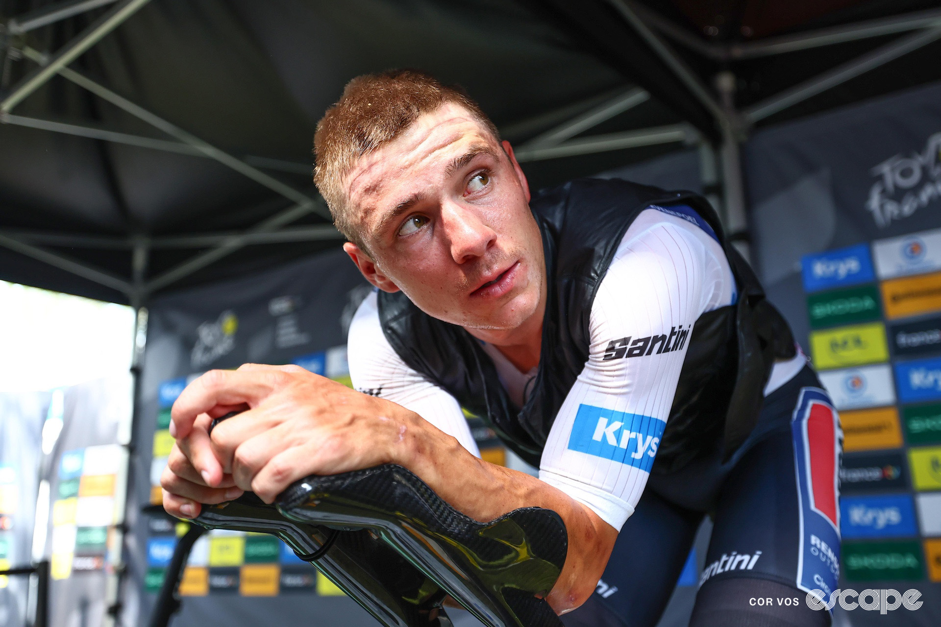 Remco Evenepoel cools off on the turbo trainer after a stage of the 2024 Tour de France.