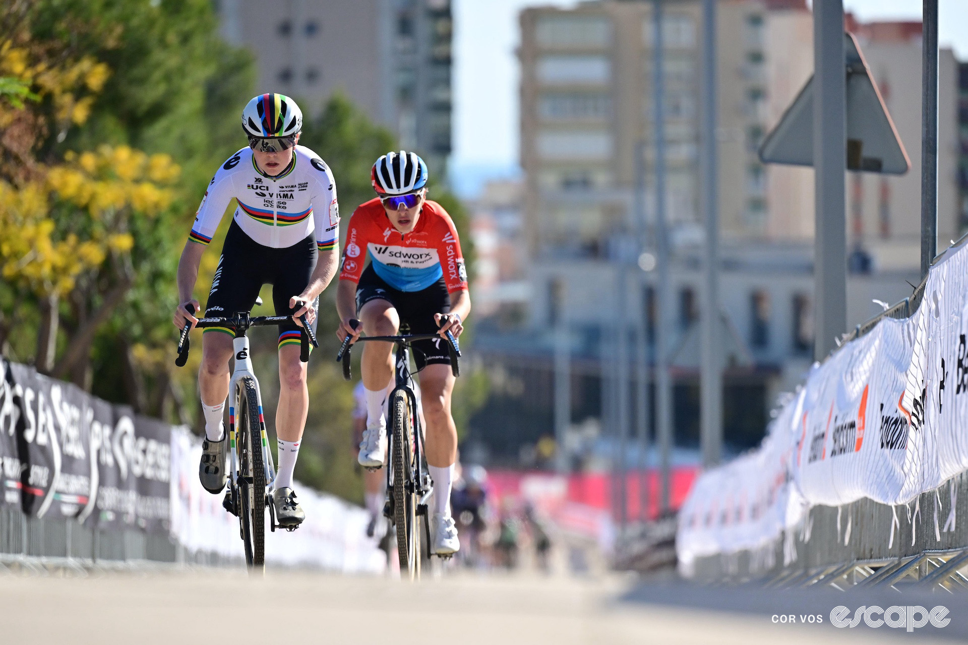 World champion Fem van Empel and Luxembourg national champion Marie Schreiber on the climb during cyclocross World Cup Benidorm.