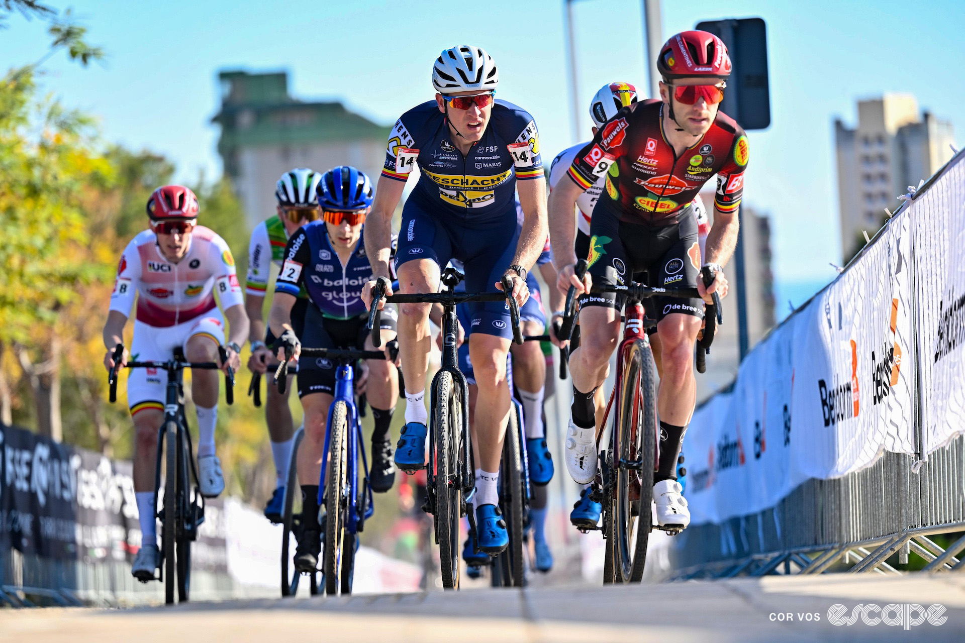 Eli Iserbyt and Toon Aerts at the head of the elite leading group during cyclocross World Cup Benidorm.