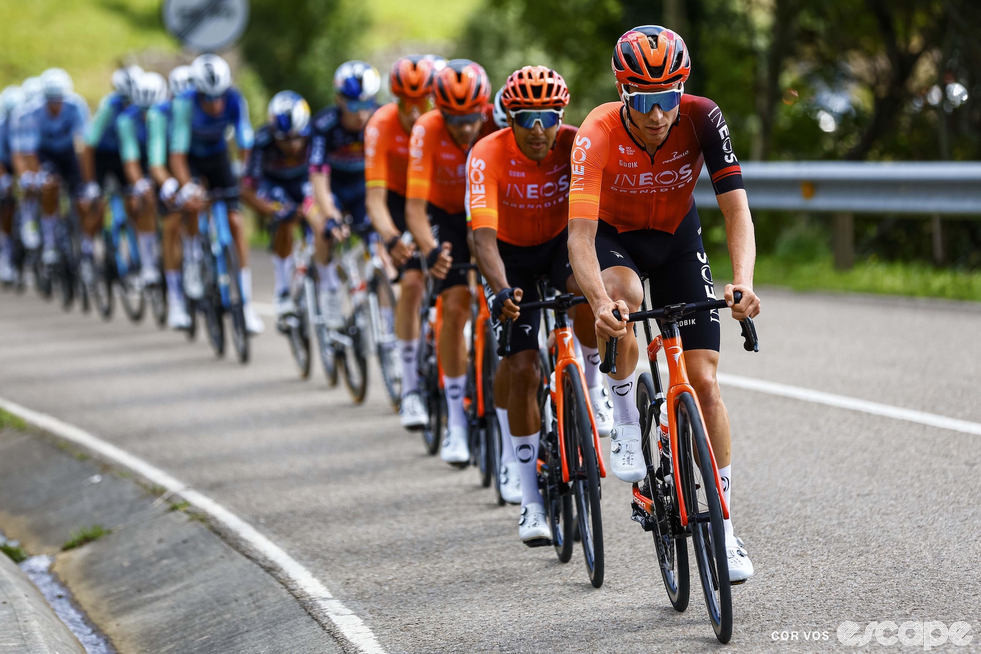 The Ineos Grenadiers lead the Vuelta a España peloton.