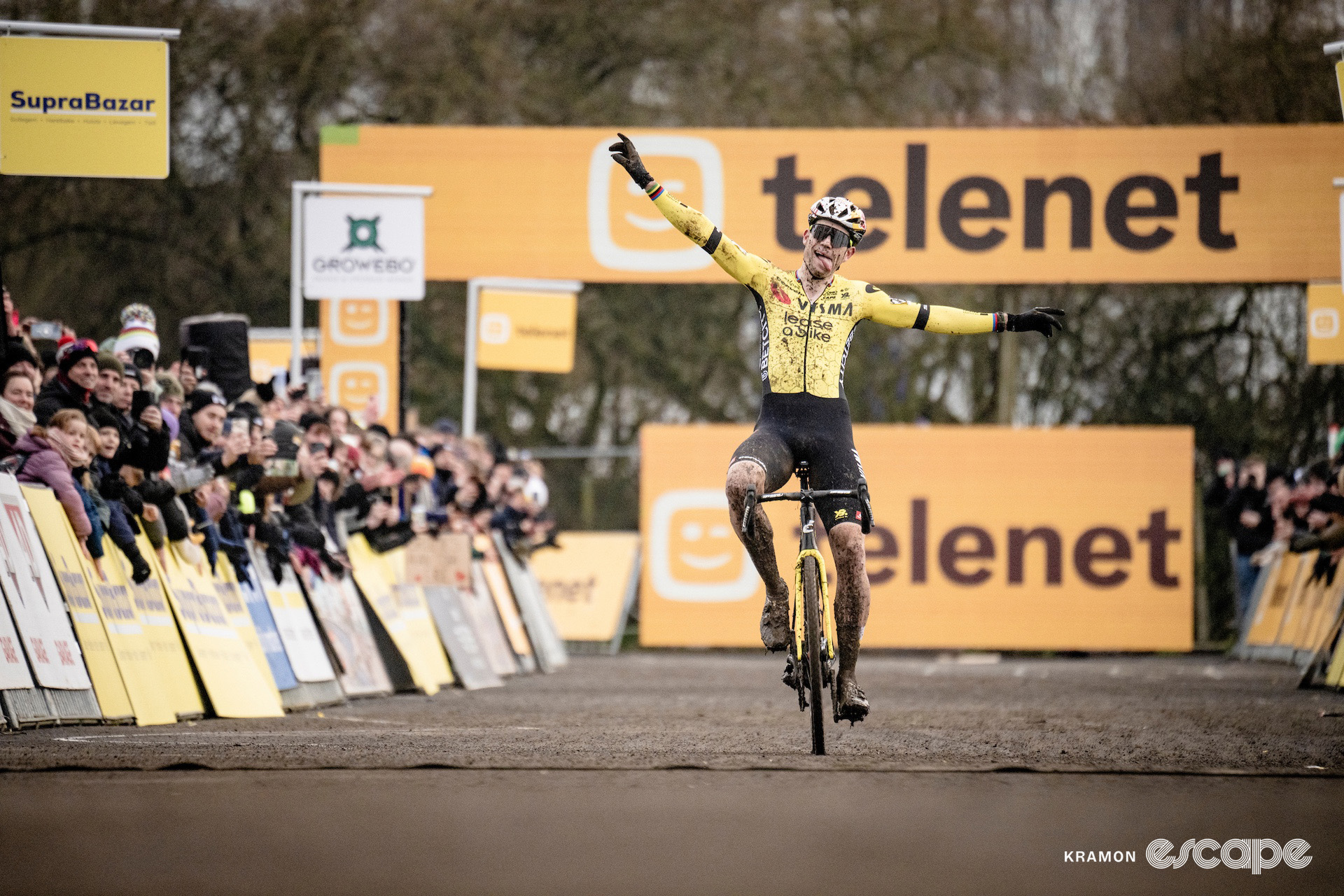 Wout van Aert celebrates victory at Superprestige Gullegem.