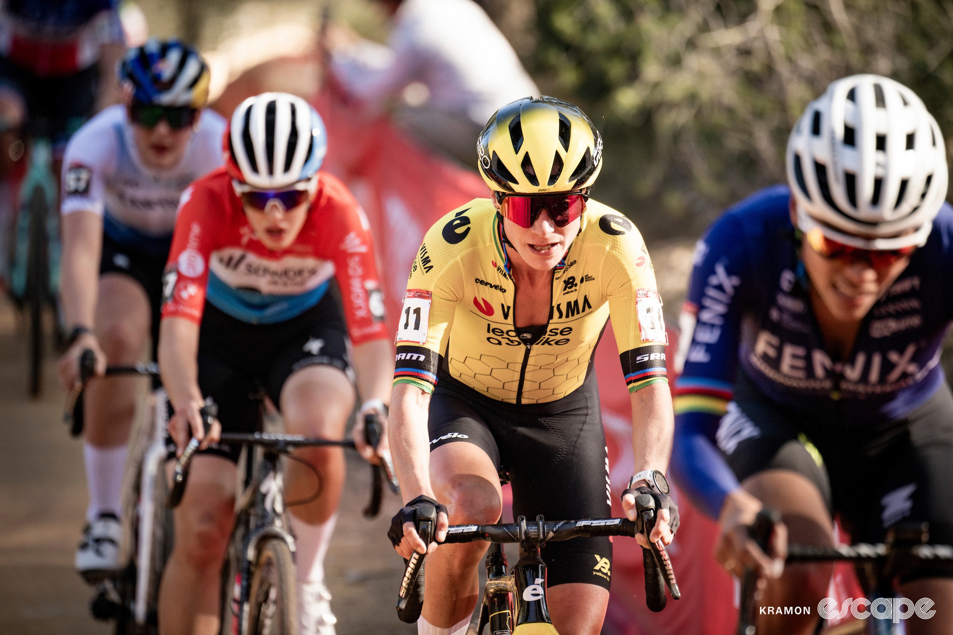 Marianne Vos between Ceylin del Carmen Alvarado and Luxembourg national champion Marie Schreiber during cyclocross World Cup Benidorm.