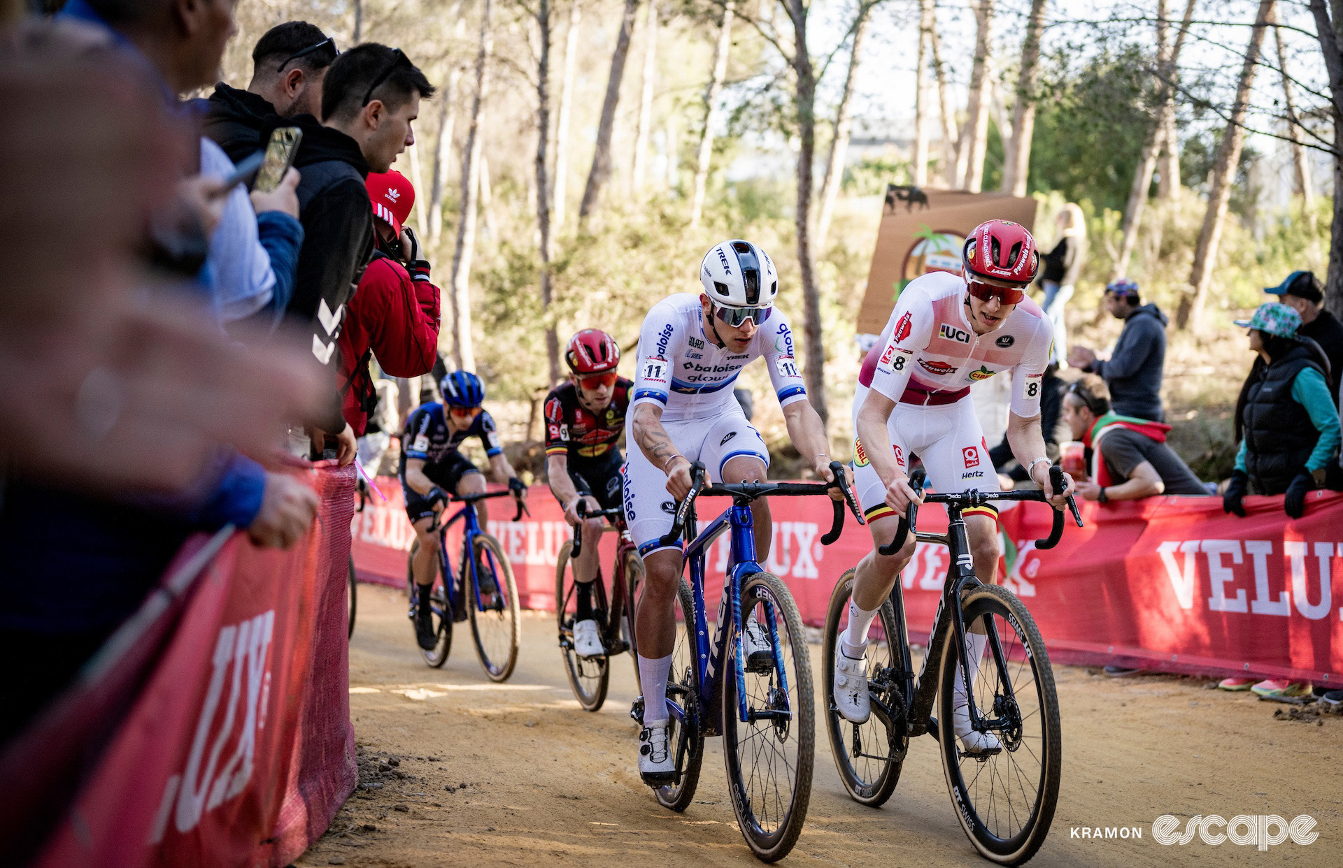 European champion Thibau Nys and World Cup leader Michael Vanthourenhout lead the group, including Eli Iserbyt and Lars van der Haar, during cyclocross World Cup Benidorm.
