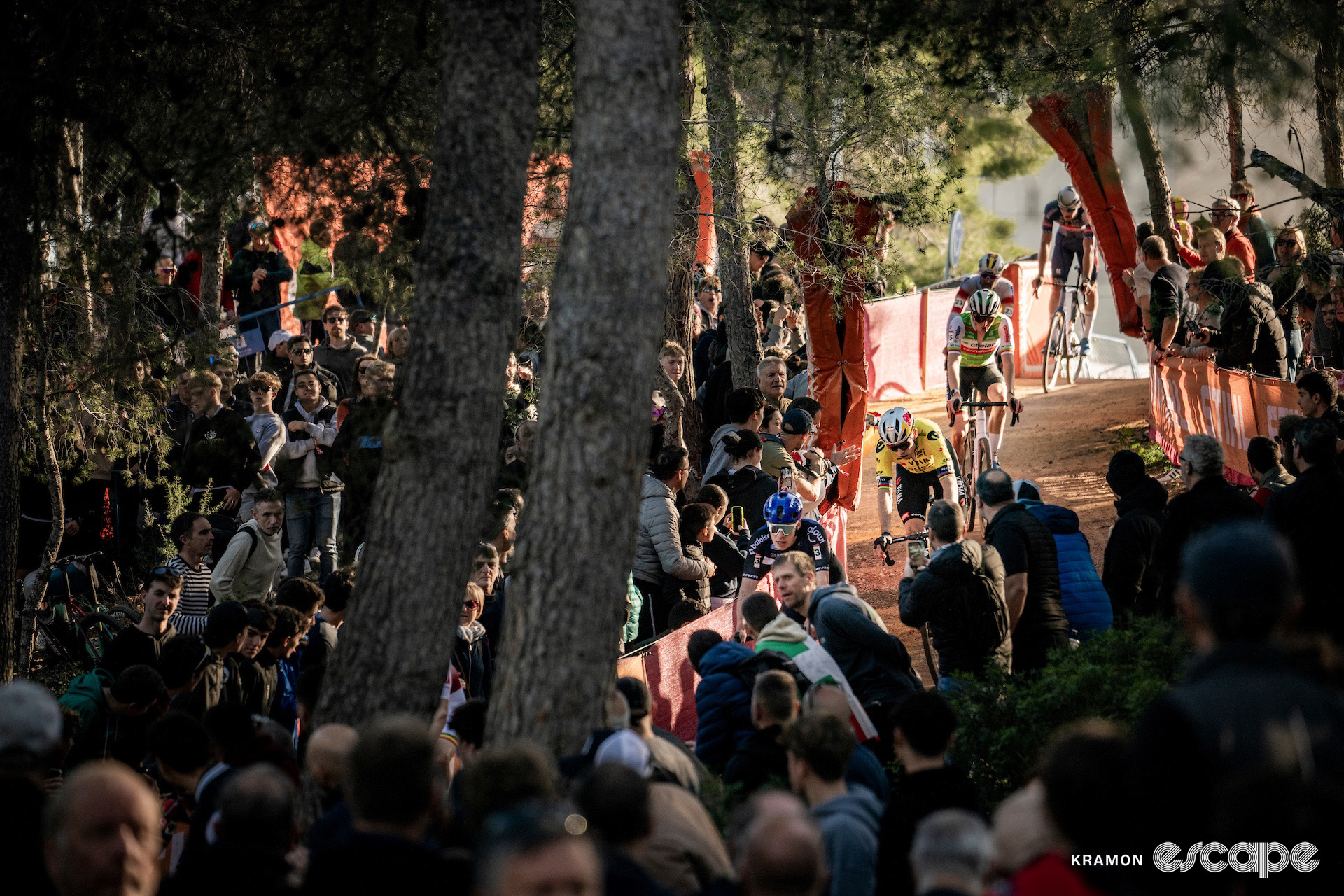 Pim Ronhaar and Wout van Aert in the group passing through the crowds during cyclocross World Cup Benidorm.