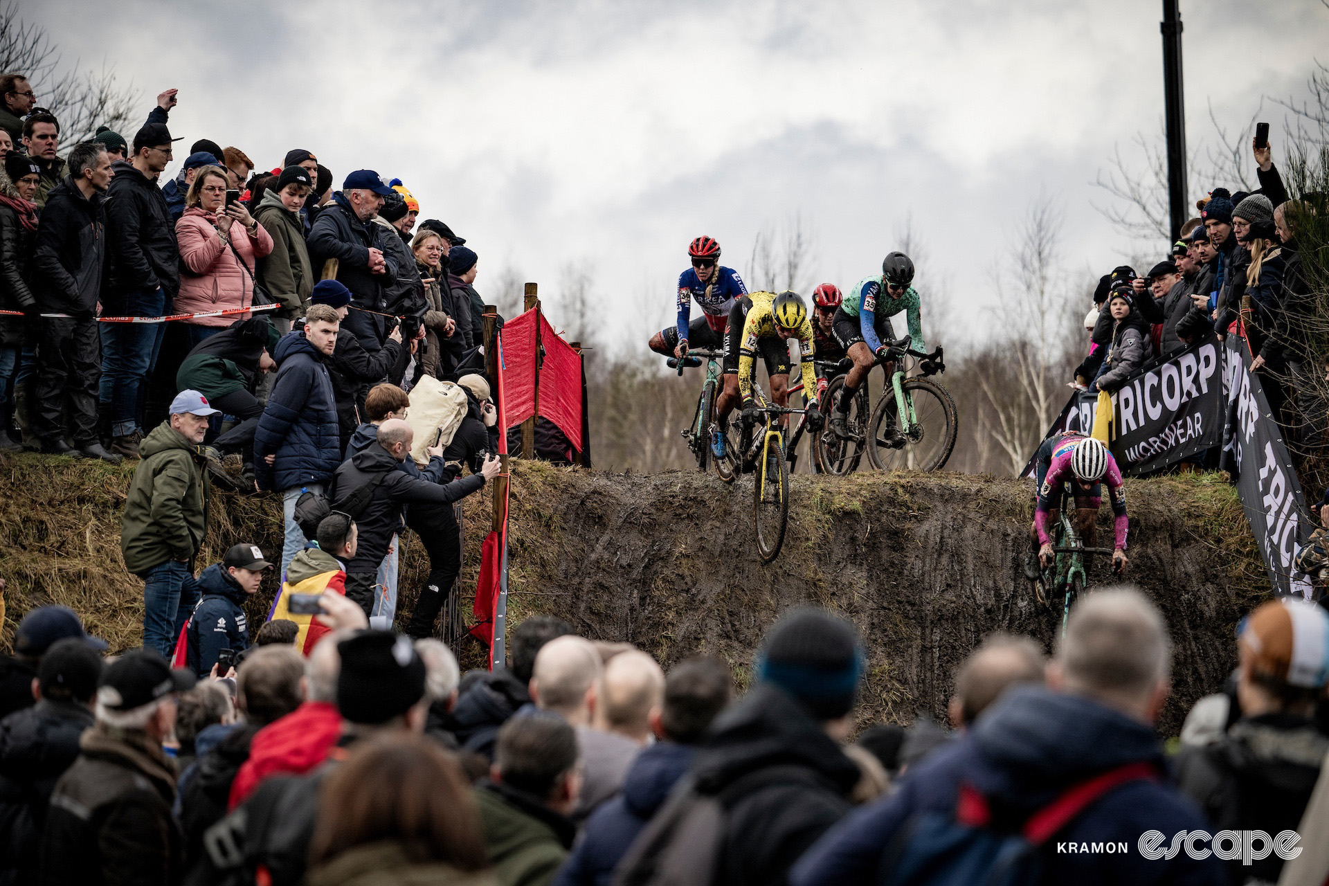 A small group of elite women during cyclocross World Cup Maasmechelen.