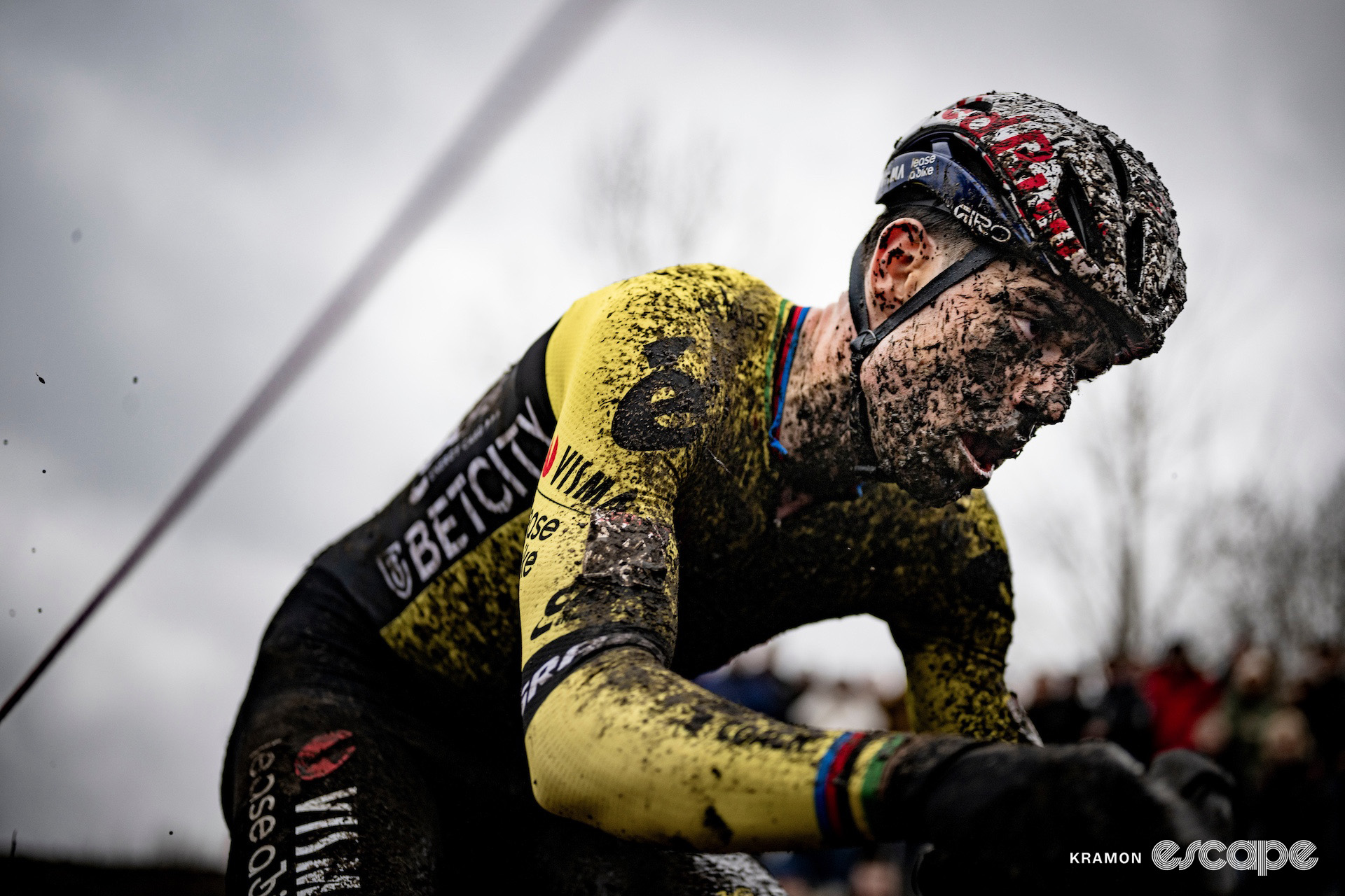 Wout van Aert, splattered with mud, during cyclocross World Cup Maasmechelen.