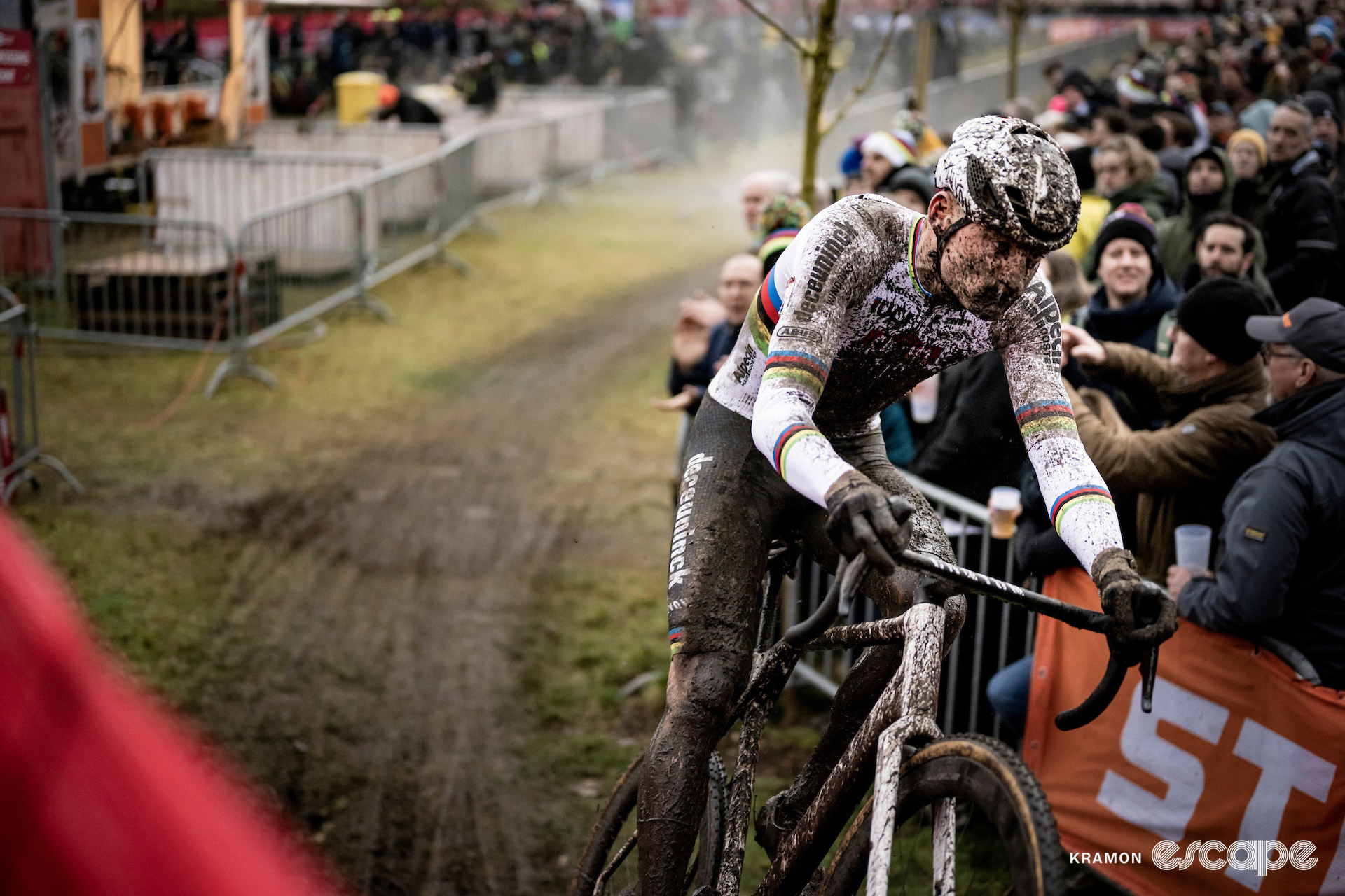 World champion Mathieu van der Poel, splattered with mud from head to toe, during cyclocross World Cup Maasmechelen.