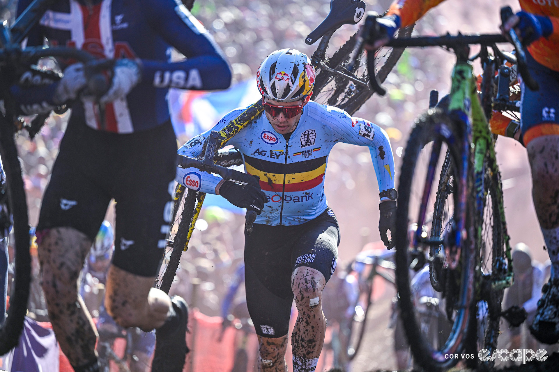 Belgium's Wout van Aert moves through the pack during the 2025 elite men's cyclocross World Championships.