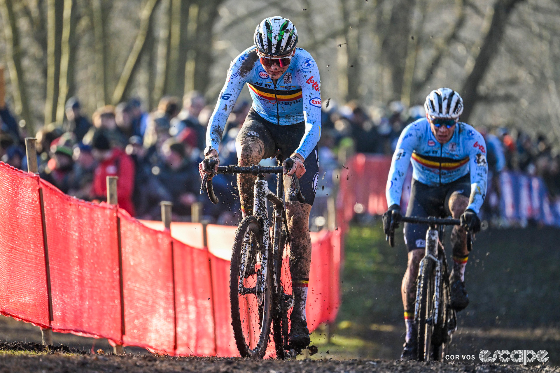 Belgium's Emiel Verstrynge and Laurens Sweeck during the 2025 elite men's cyclocross World Championships.