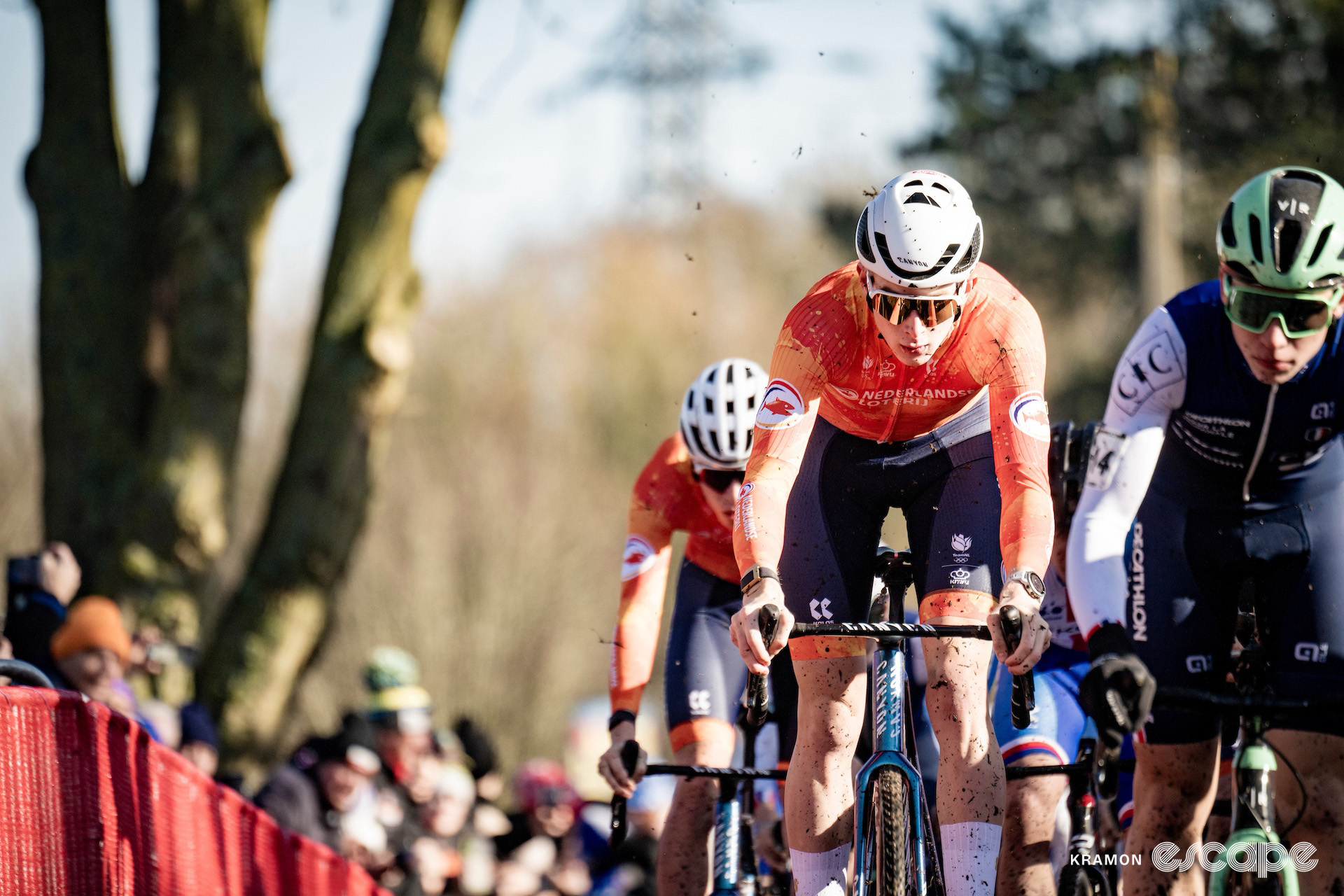 Tibor Del Grosso briefly rides in the pack during the 2025 under-23 men's cyclocross World Championships.