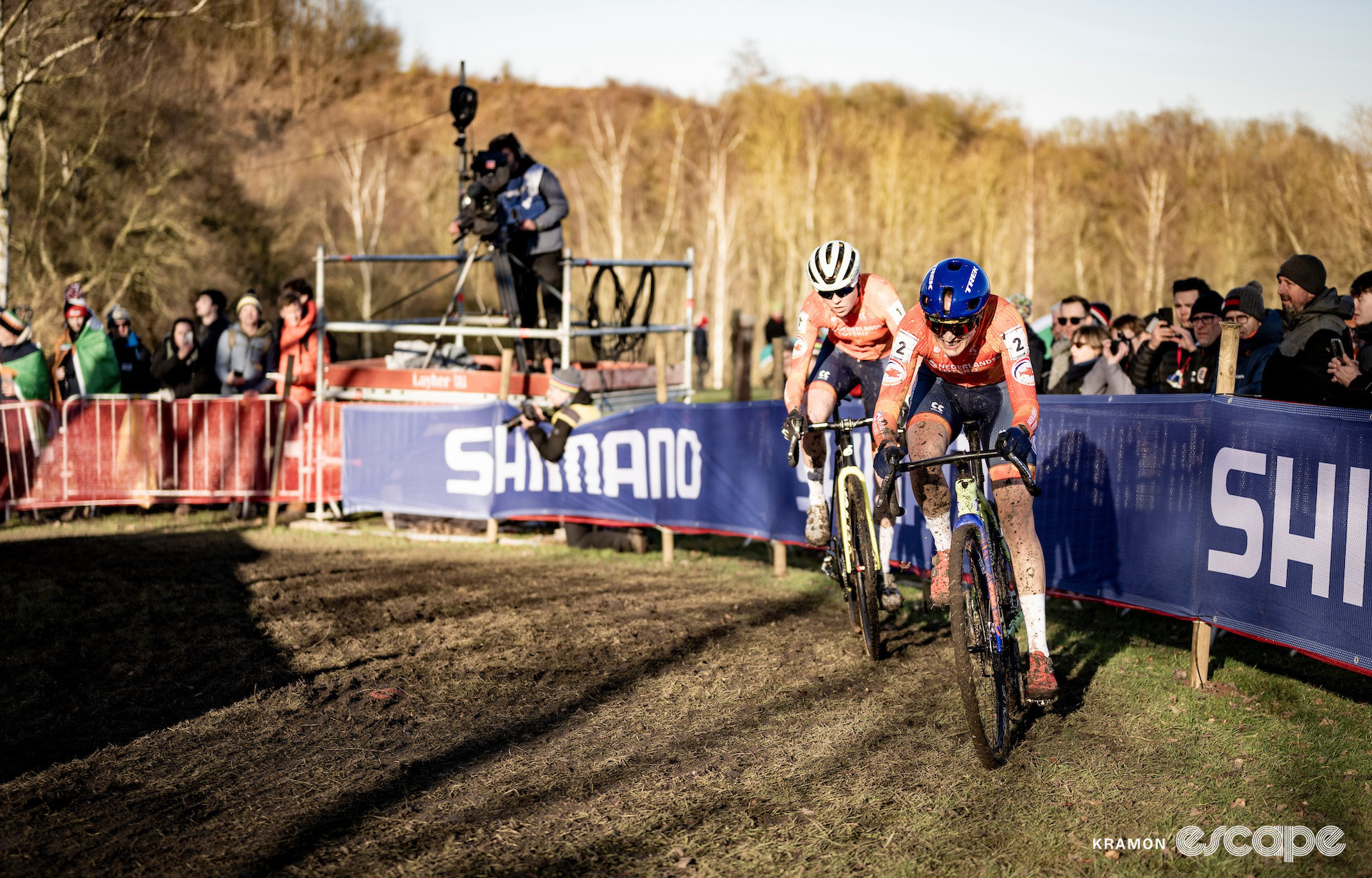 Dutch duo Lucinda Brand and Fem van Empel during the 2025 elite women's cyclocross World Championships.