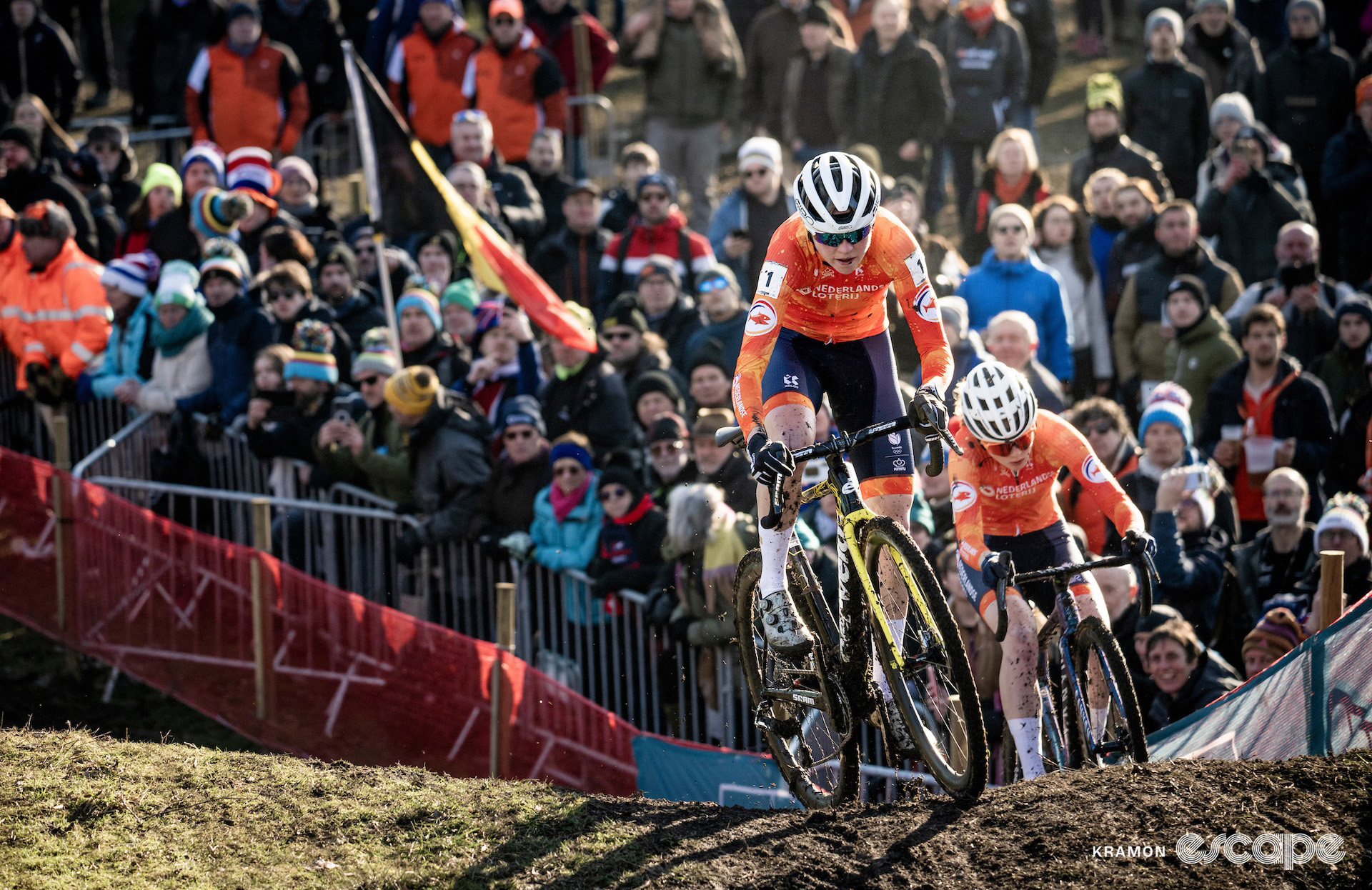 Fem van Empel and Puck Pieterse during the 2025 elite women's cyclocross World Championships.