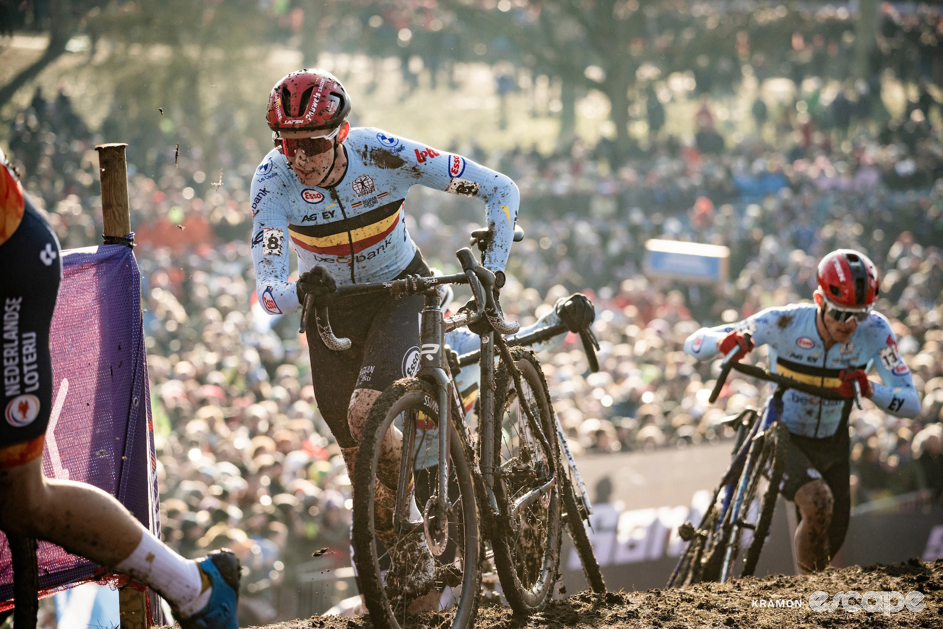 Michael Vanthourenhout runs during the 2025 elite men's cyclocross World Championships.