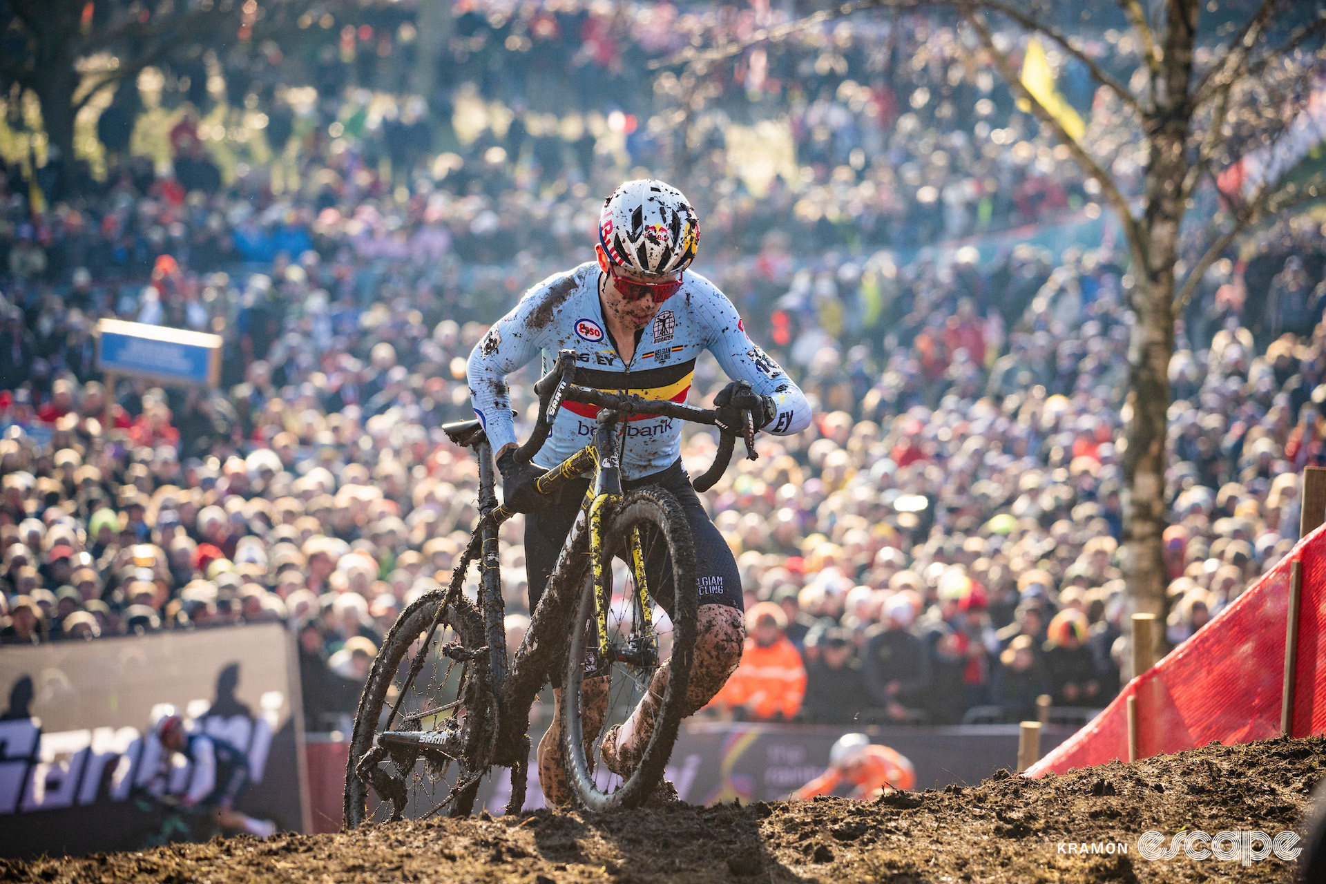 Wout van Aert crests a steep ramp during the 2025 elite men's cyclocross World Championships.