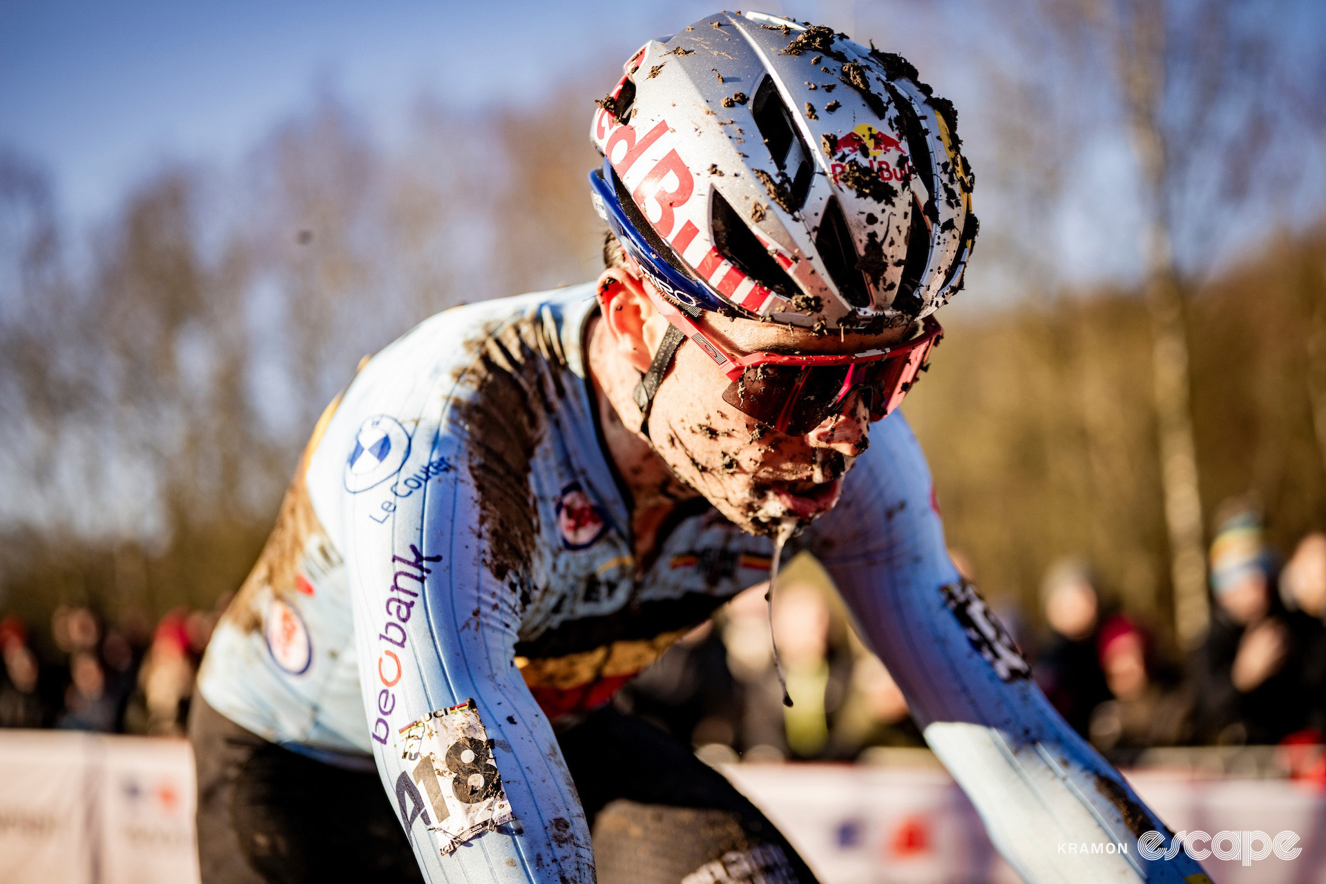 Belgian Wout van Aert, splattered with mud and with a tendril of drool hanging from his chin, during the 2025 elite men's cyclocross World Championships.