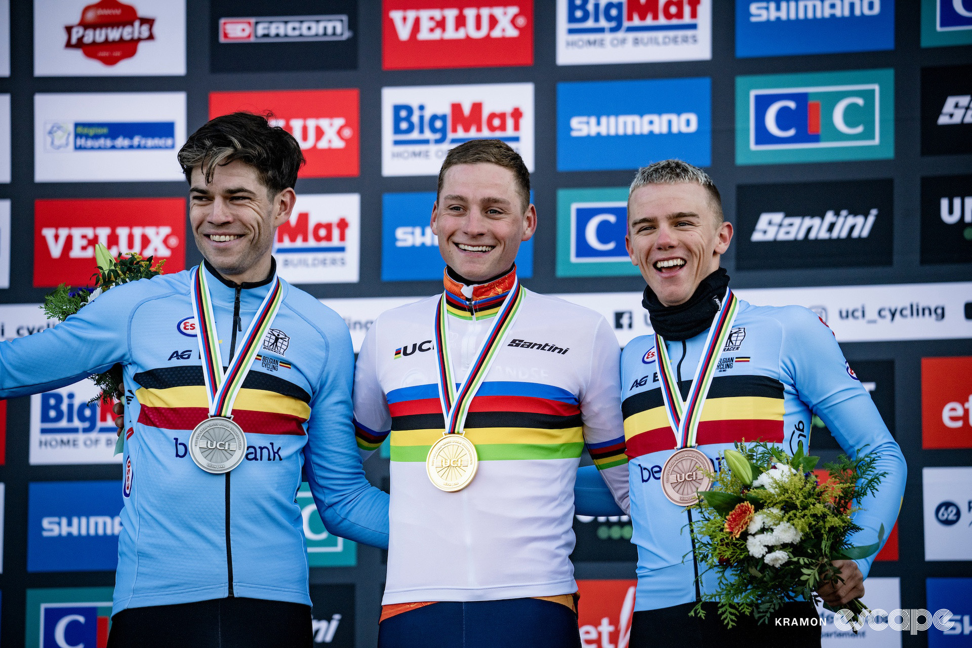 The elite men's podium of Wout van Aert, winner Mathieu van der Poel and Thibau Nys at the 2025 cyclocross World Championships.