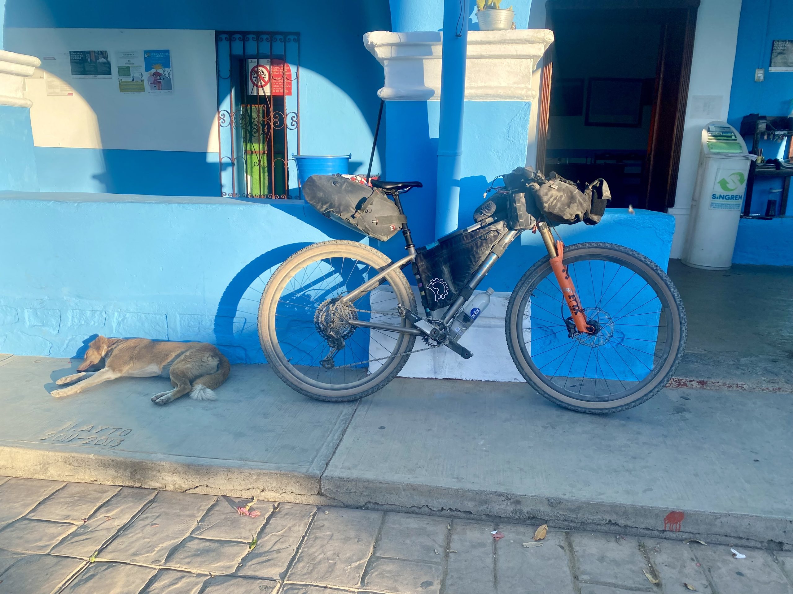 A mountain bike loaded for bikepacking leans against a building's bright blue retaining wall in the low light of a setting sun. A dog lays on the sidewalk next to the bike, fast asleep in a fading ray of sunlight.