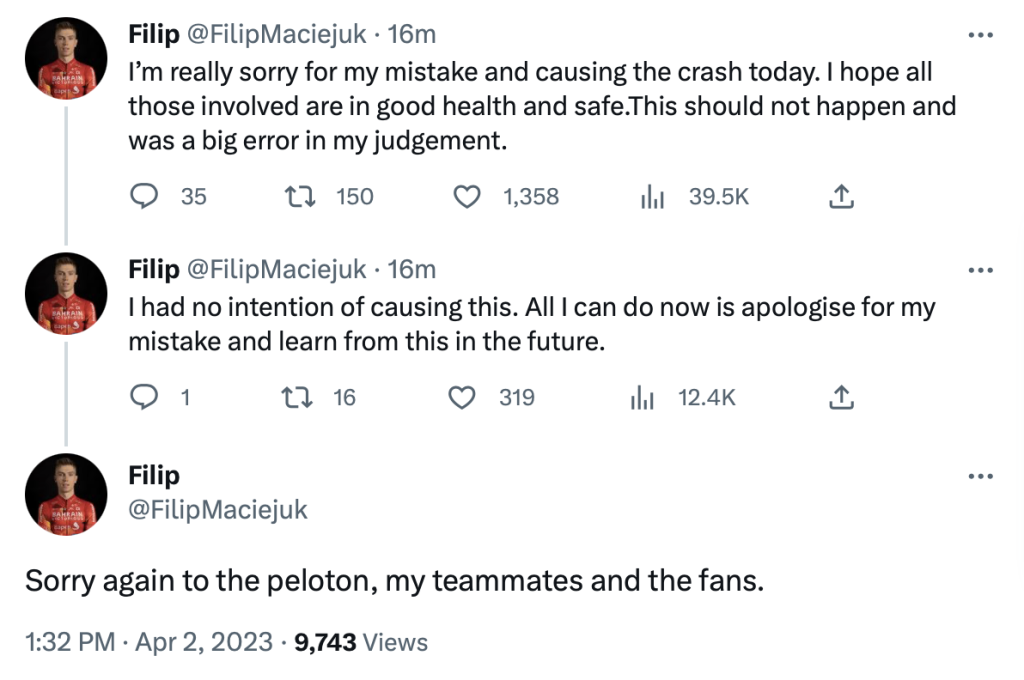 Screenshot of Filip Maciejuk's remorseful tweets after causing a huge crash at the Tour of Flanders.
