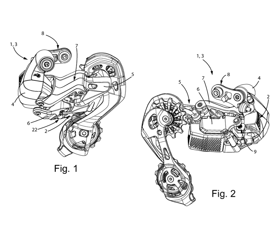 Patent schematics showing both sides of a Campagnolo wireless rear derailleur.