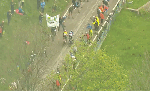 GIF of Ben Healy and Einer Rubio jostling and barging as they race for king of the mountain points on the first climb of stage 15 of the 2023 Giro d'Italia.