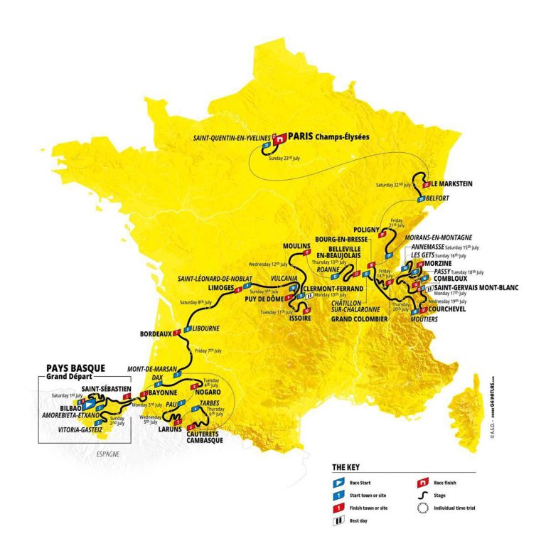 The 2023 Tour de France starts in Bilbao then heads to the Pyrenees, across the middle of the country, and then into the Alps before finishing in Paris.