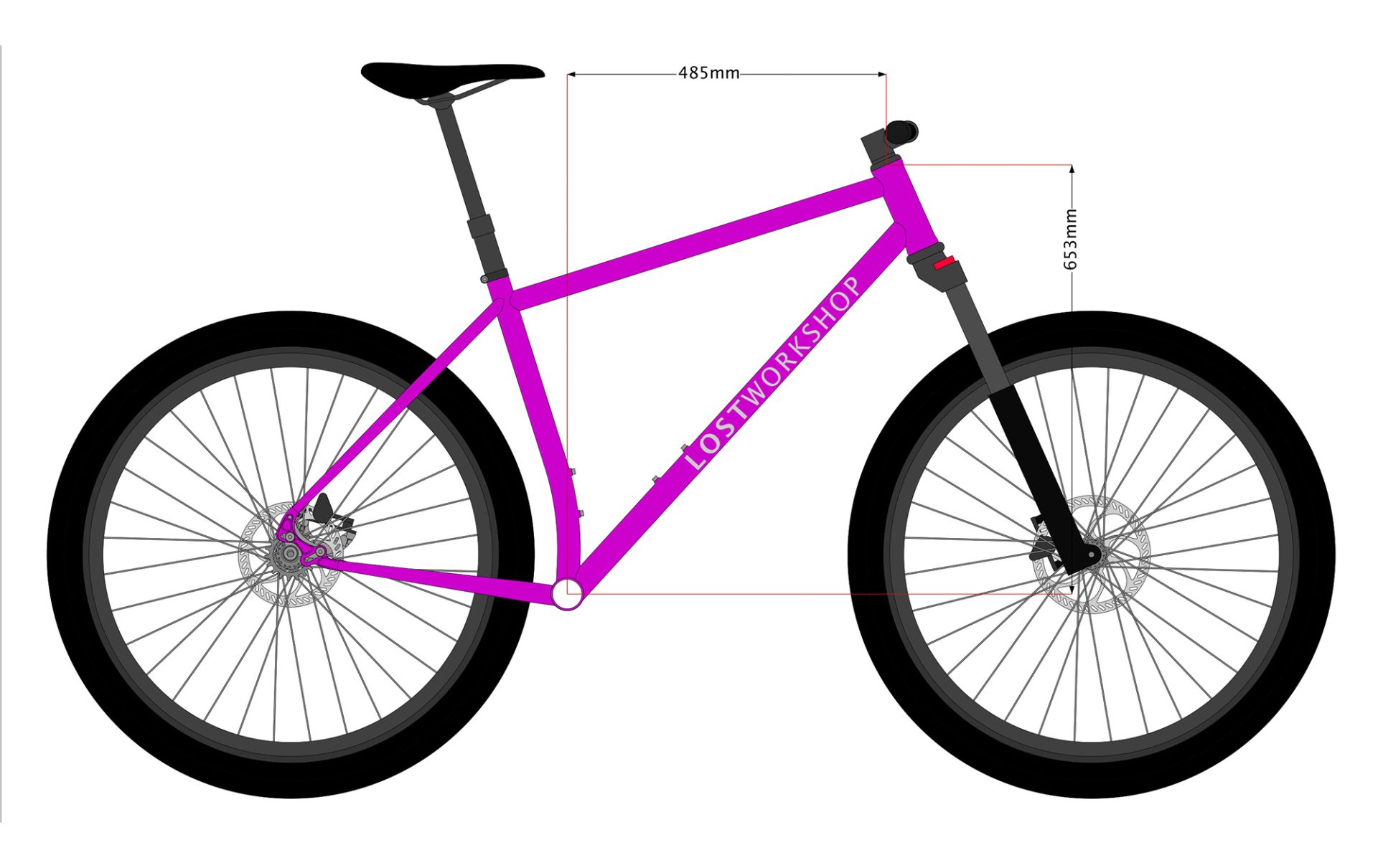 A schematic of a mountain bike (with pink frame) viewed from the side to show the stack and reach meeasurements.
