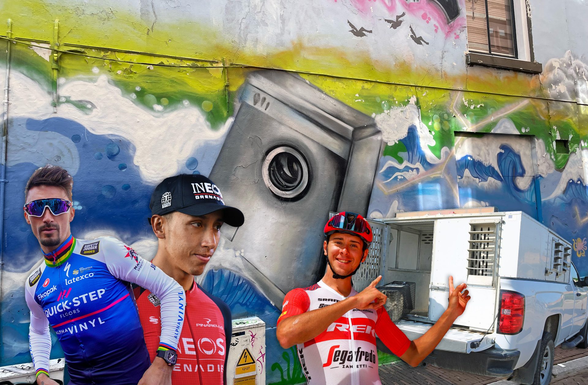 Julian Alaphilippe, Egan Bernal and Antonio Tiberi in front of washing machine graffiti.