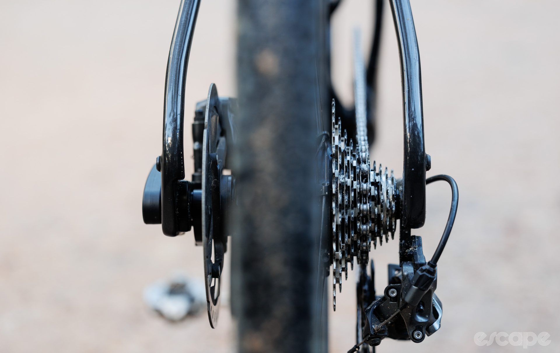 One of the benefits of Classified is a cleaner, straighter chainline, shown here from behind the cassette, looking forward at the chain running to the chainring.