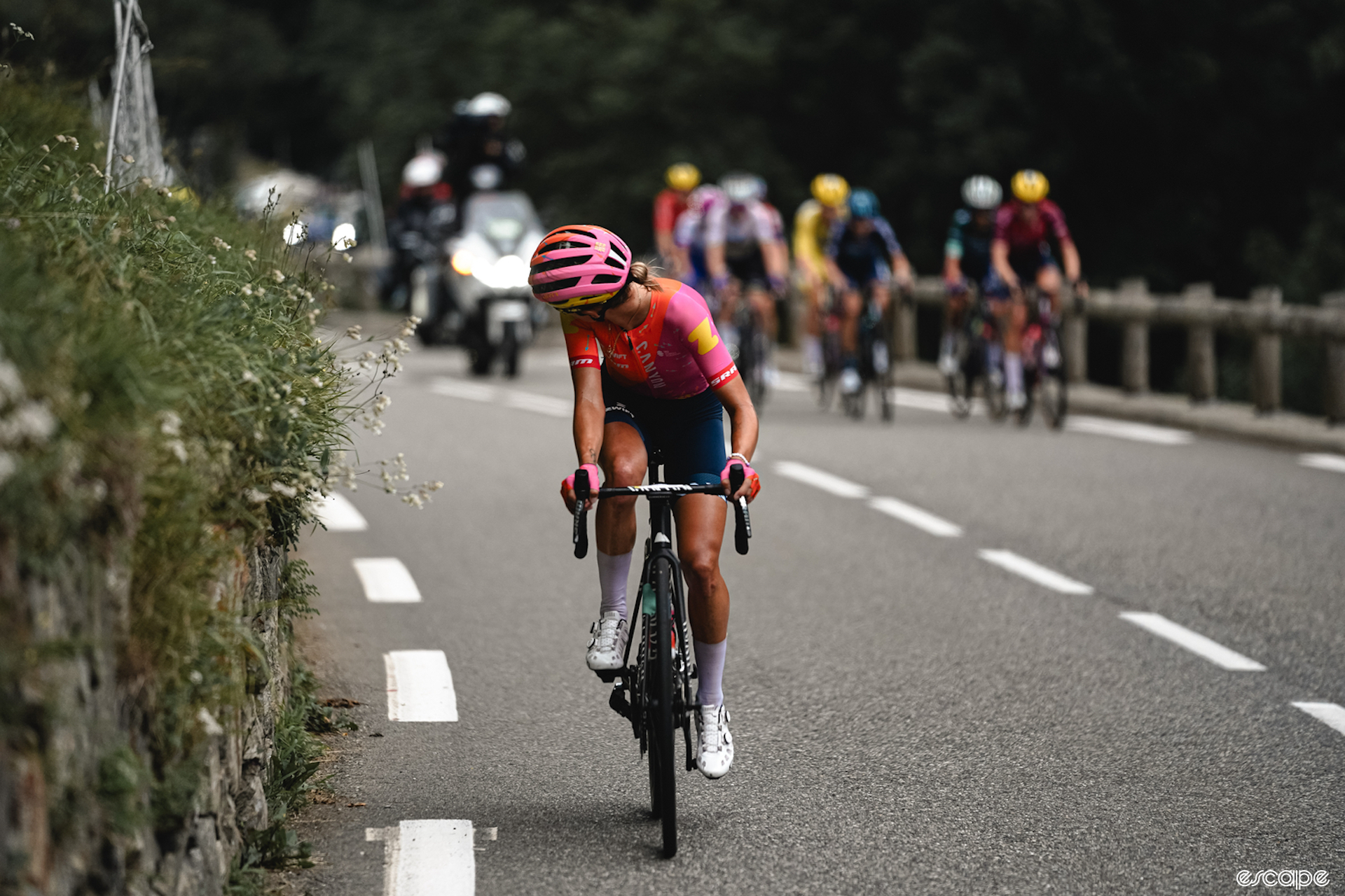 Kasia Niewiadoma looks back at the chase on stage 7 of the Tour de France.