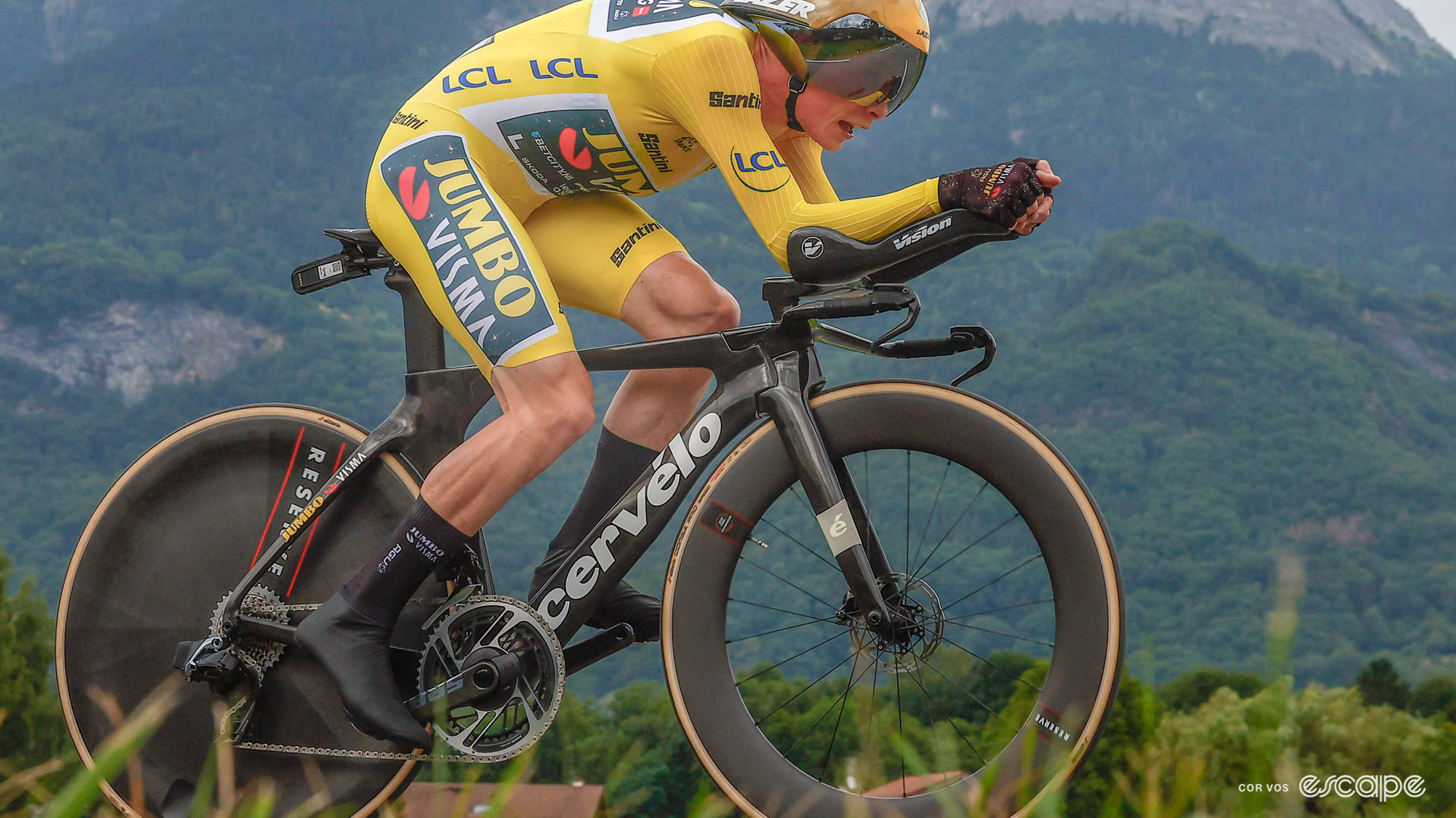 Jonas Vingegaard time trials in stage 16 of the 2023 Tour de France. Ronan's face is superimposed over Jonas's in an intentionally cringe photoshop.