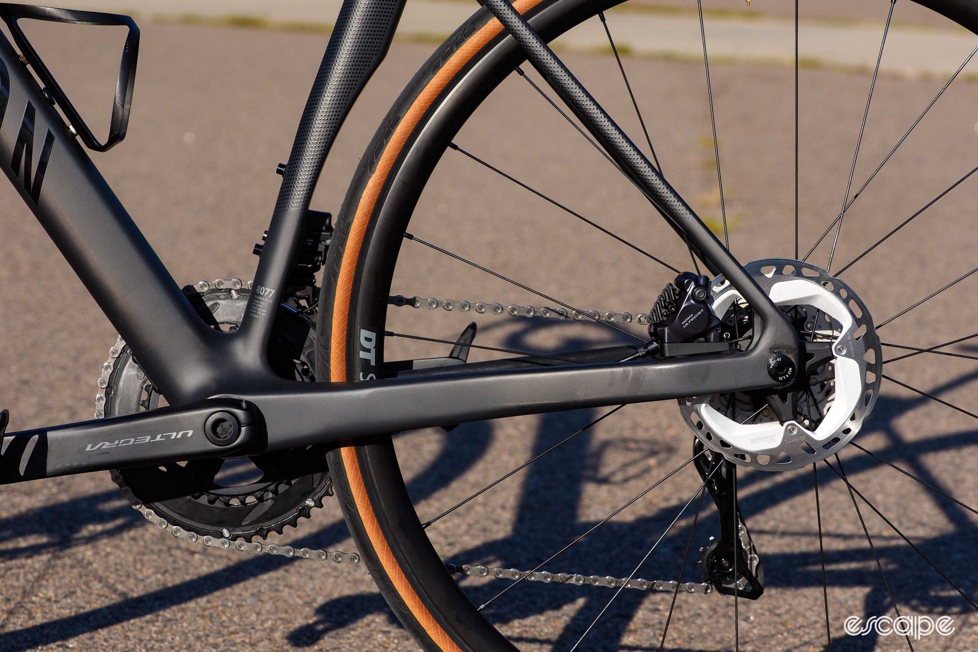 This side view of the 2024 Canyon Endurace CF rear triangle shows the wheel cutout prominently, as well as thick chainstays that hardly taper from bottom bracket to dropout.
