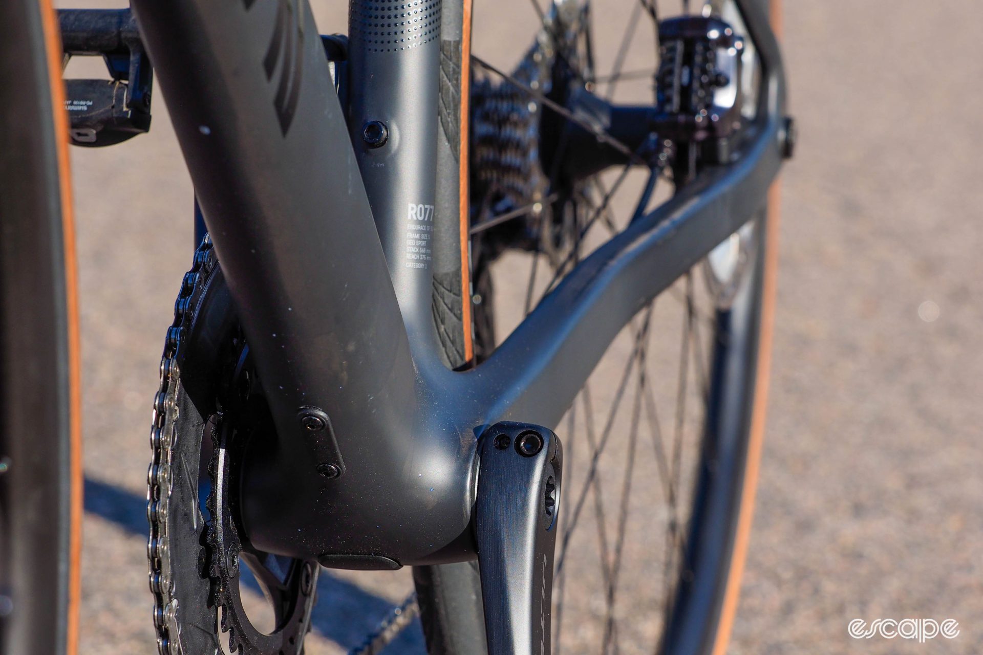 The 2024 Canyon Endurace CF uses a PF86 bottom bracket. Di2 batteries are housed in the down tube, just ahead of the BB.